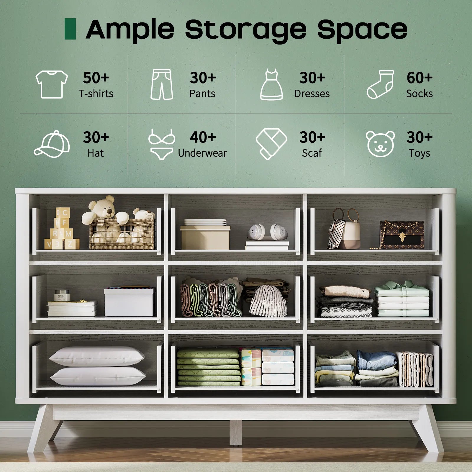 9 Drawer Dresser for Bedroom, Fluted White Dresser for Storage, 52.8" Wood Dressers & Chests of Drawers for Closet, Living Room, Entryway