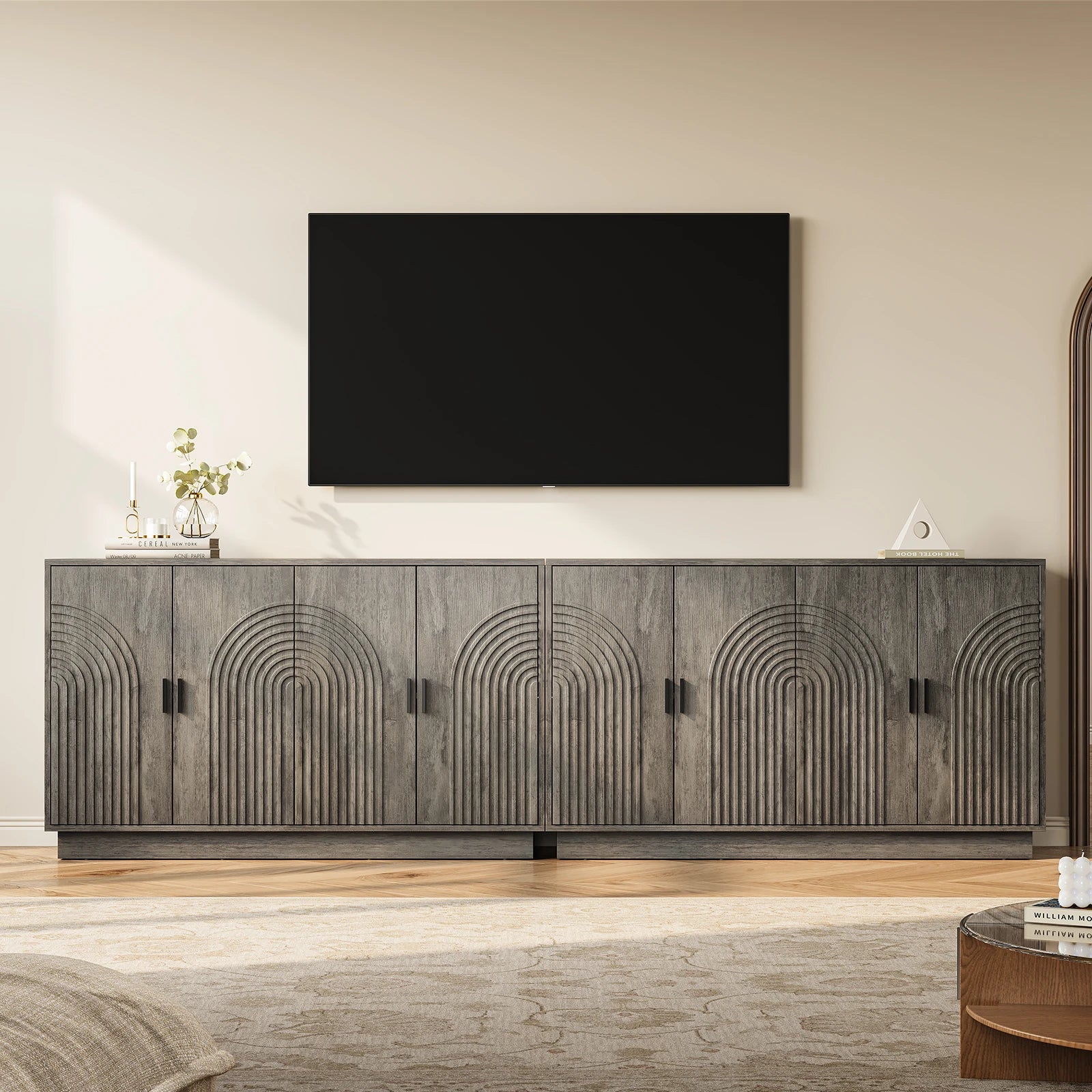 CURLA Fluted Sideboard Buffet Cabinet with Storage, 57" Coffee Bar Cabinet with 4 Doors & Adjustable Shelf, Credenza for Kitchen Living Room