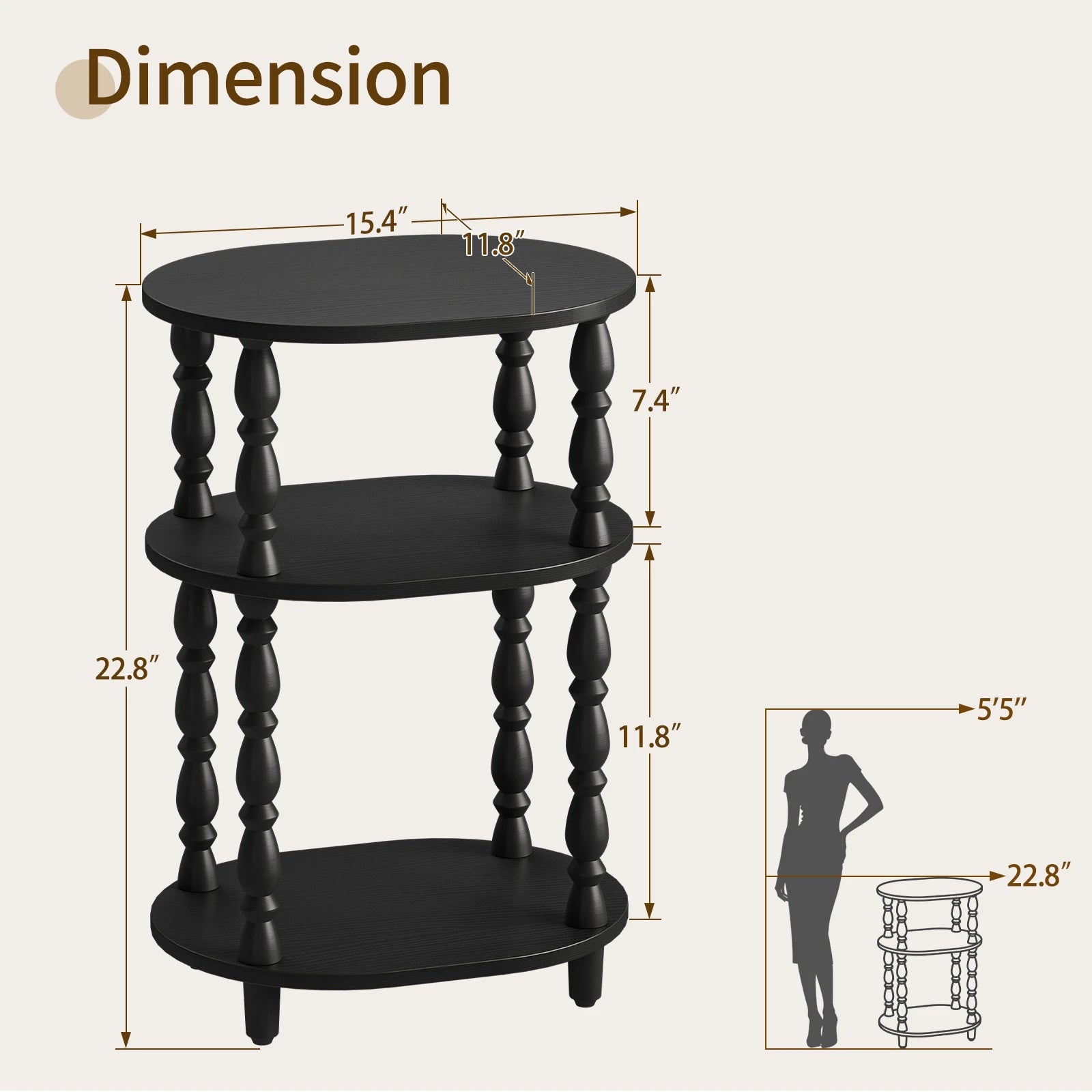 Maliowa 3-Tier Side Table, Small End Table for Living Room Bedroom, Accent Table Nightstand with Storage Shelf for Narrow Spaces