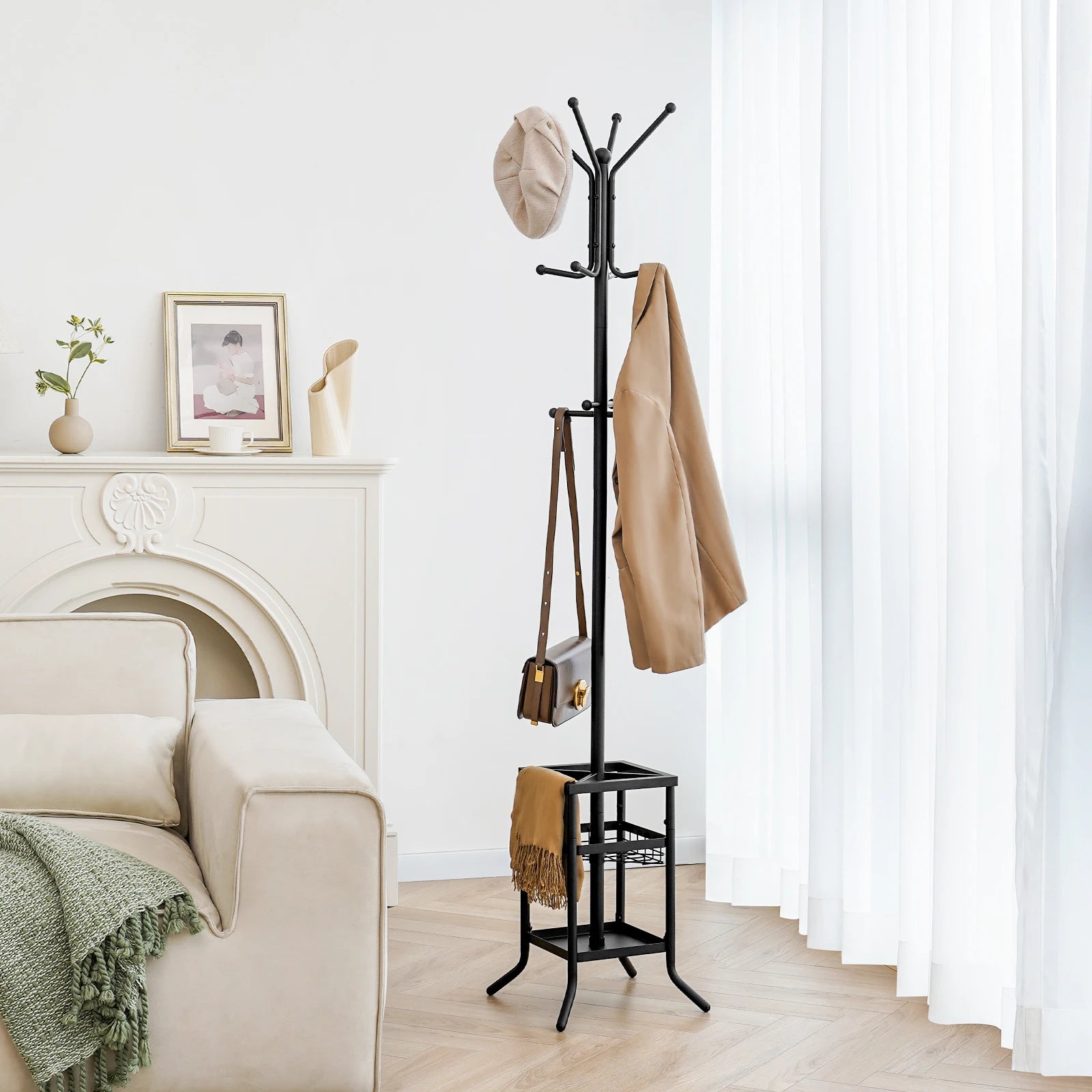 Coat Rack Freestanding, Coat Tree with Umbrella Holder, Metal Coat Rack Stand with 12 Hooks, Hall Tree Purse Rack for Entryway, Living Room