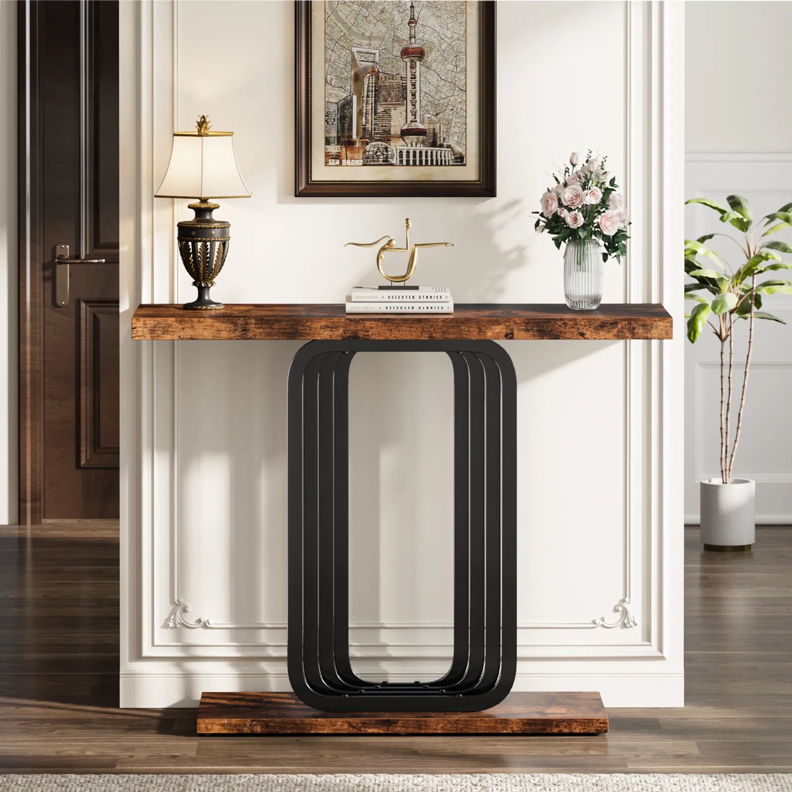 Narrow Console Table with Outlet, Industrial Entryway Table with Unique Base, Small Sofa Table, behind couch table for Entry Way Living Room,Brown