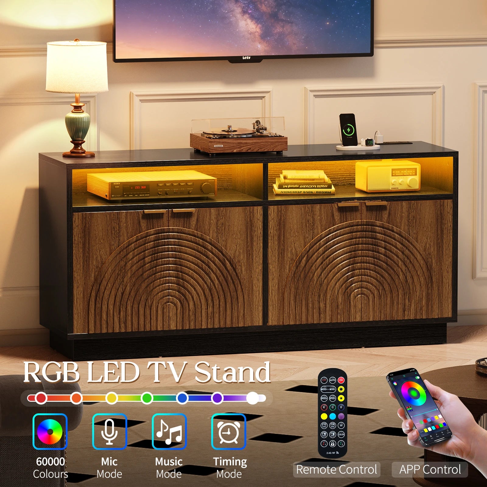 CURLA 58" Fluted TV Stand with Power Outlet, LED TV Stands with Storage & Adjustable Shelf, Entertainment Center for Living Room, Mid Century