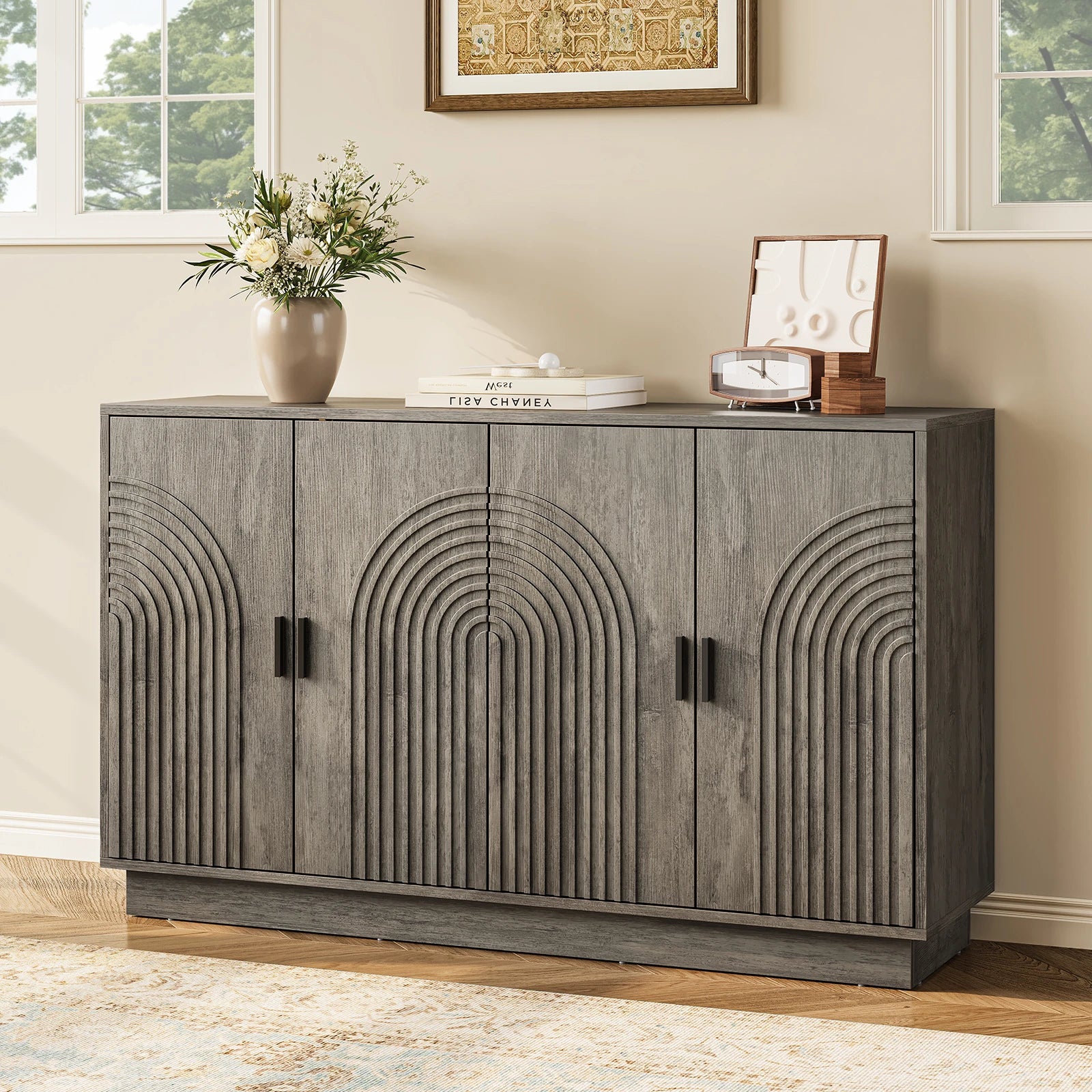 CURLA Fluted Sideboard Buffet Cabinet with Storage, 57" Coffee Bar Cabinet with 4 Doors & Adjustable Shelf, Credenza for Kitchen Living Room