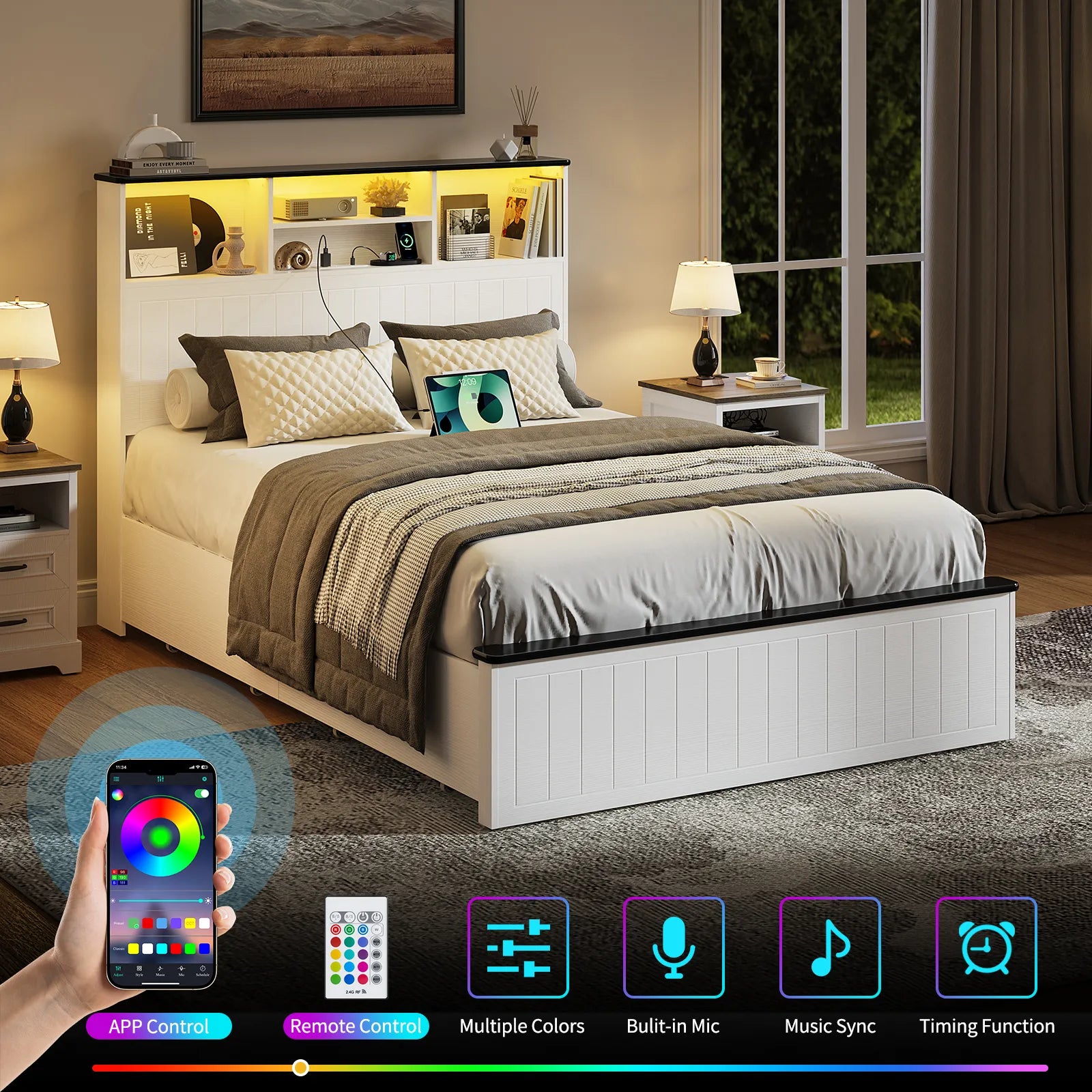 Full Size Bed Frame with Headboard, Farmhouse Wood Full Bed Frame with 4 Storage Drawers, Platform Beds with Charging Station & LED Light