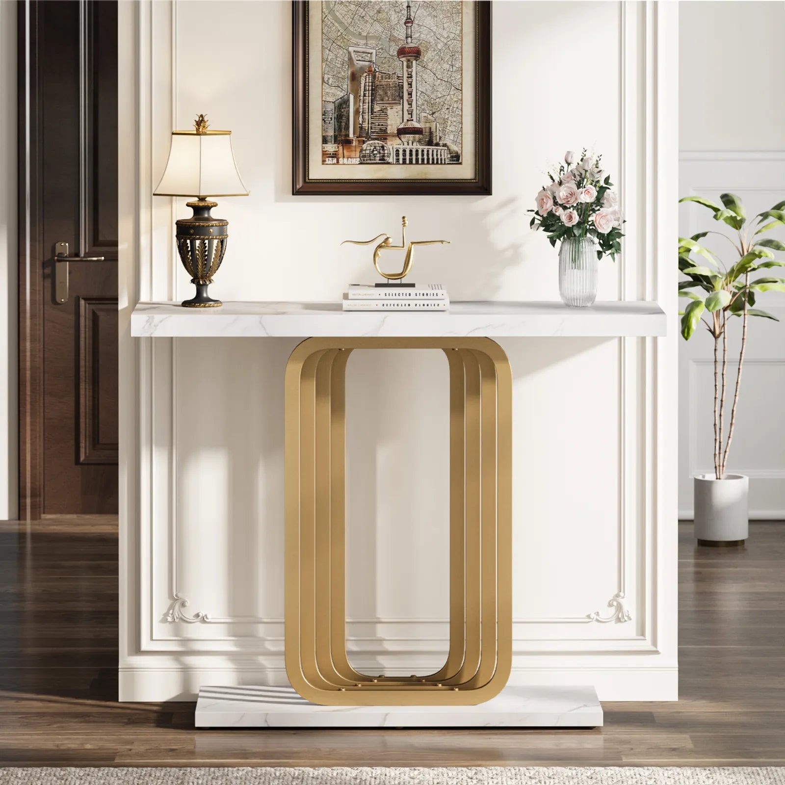 Narrow Console Table with Outlet, Industrial Entryway Table with Unique Base, Small Sofa Table, behind couch table for Entry Way Living Room,White