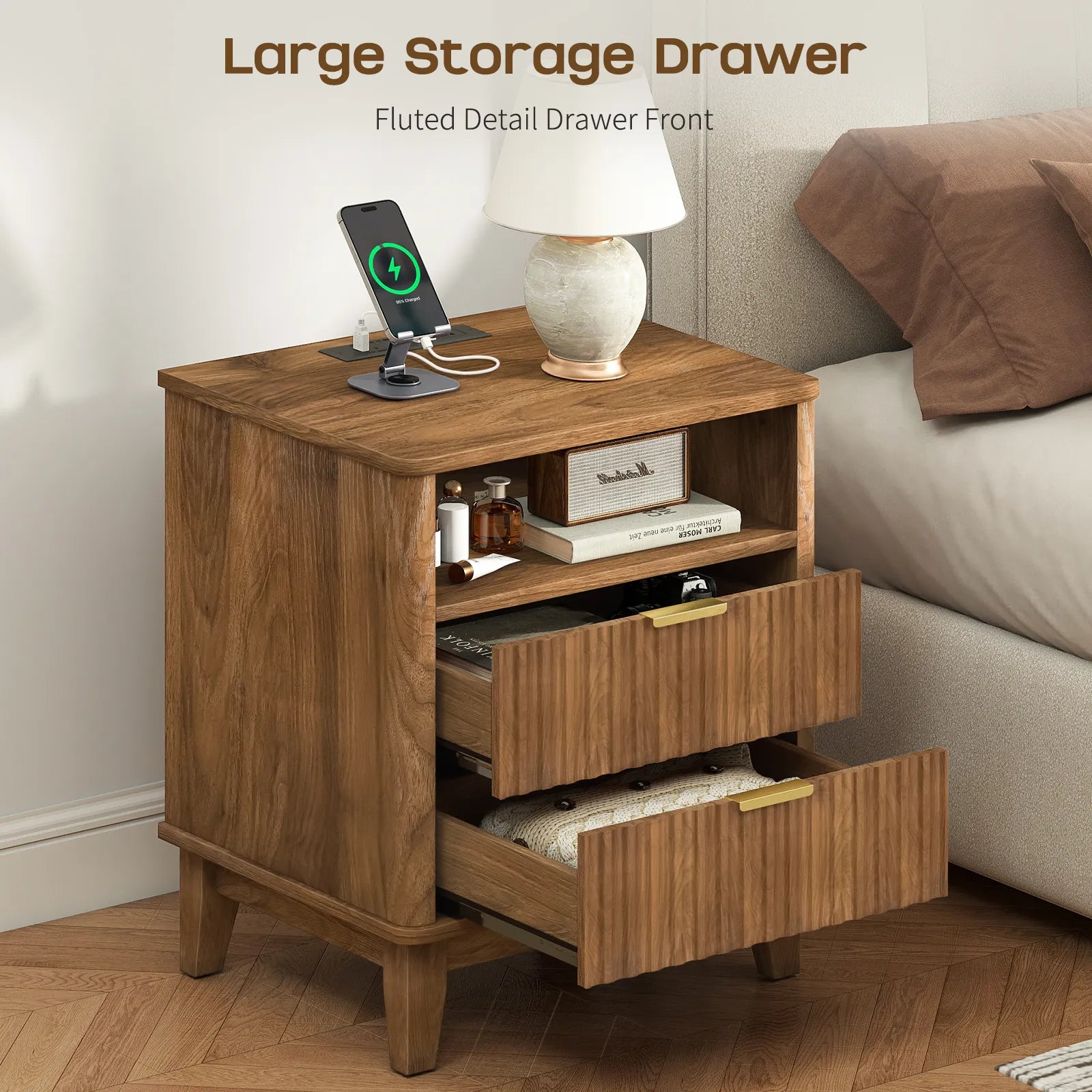 Night Stand with Charger Station, Fluted Nightstand with 2 Drawers and Storage Shelf, Mid Century Modern End Table for Bedroom Living Room
