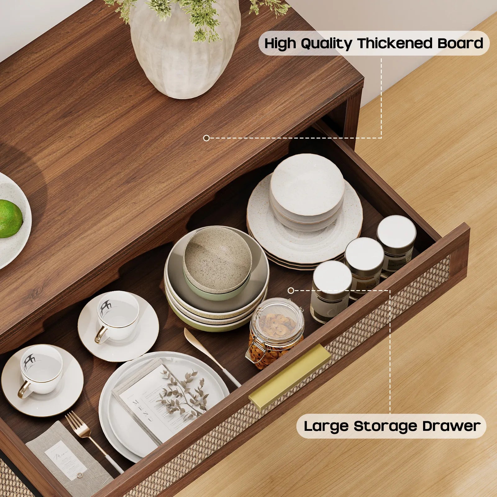 Rattan Buffet Cabinet with Storage, Sideboard Cabinet with Doors and Shelves, Accent Storage Cabinet with Drawers, Wood Coffee Bar for Kitchen