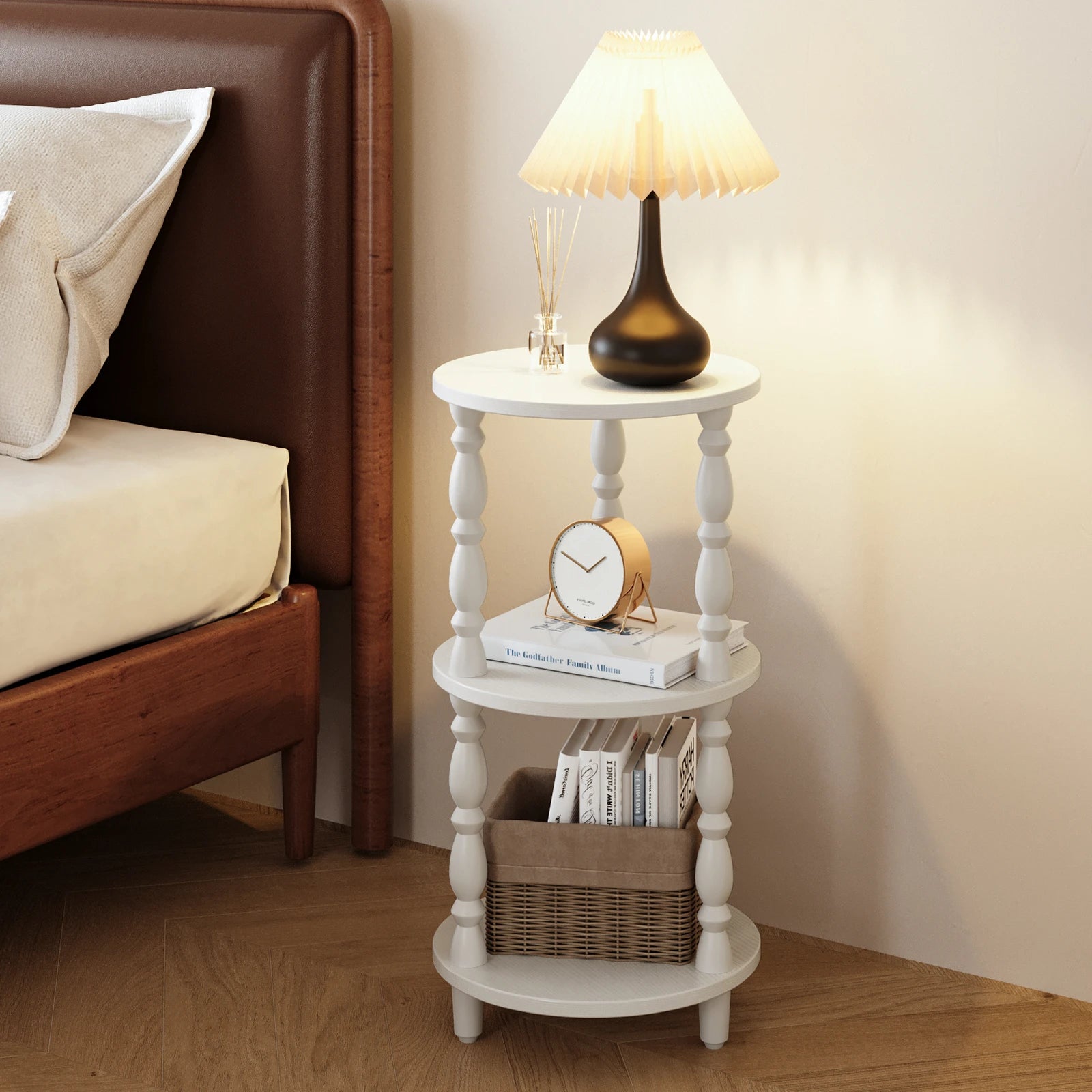 Maliowa 3-Tier Side Table, Small Round End Table for Living Room Bedroom, Accent Table Narrow Nightstand with Storage Shelf