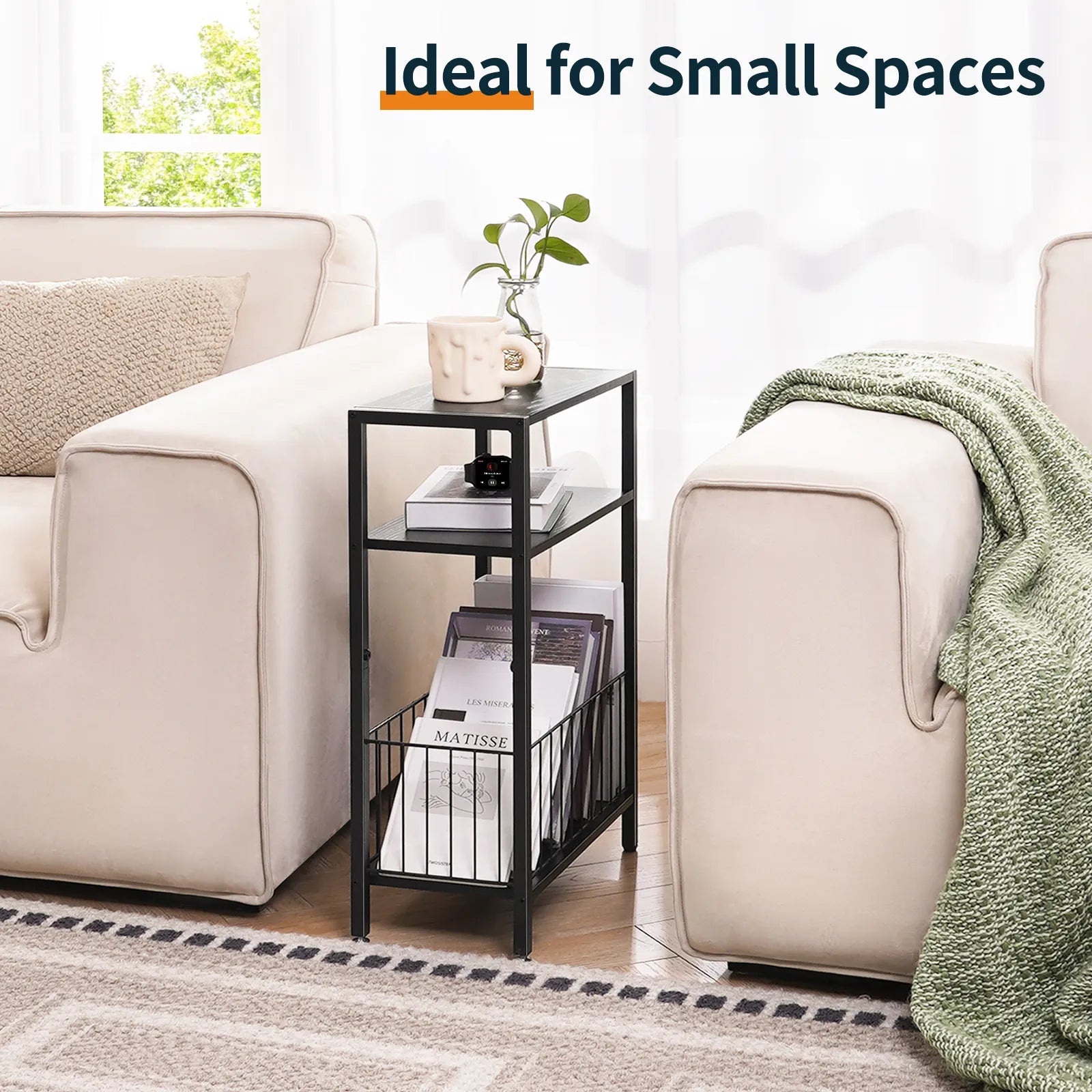 Yoob Narrow Side Table with Storage Basket, Small End Table for Small Spaces, Skinny End Tables Living Room Bedroom Office, 3 Tier Slim Nightstand