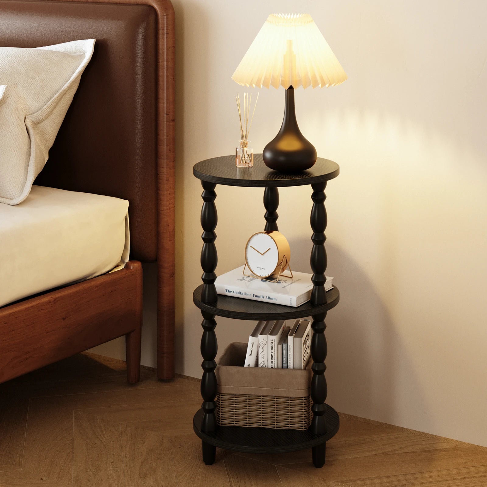 Maliowa 3-Tier Side Table, Small Round End Table for Living Room Bedroom, Accent Table Narrow Nightstand with Storage Shelf