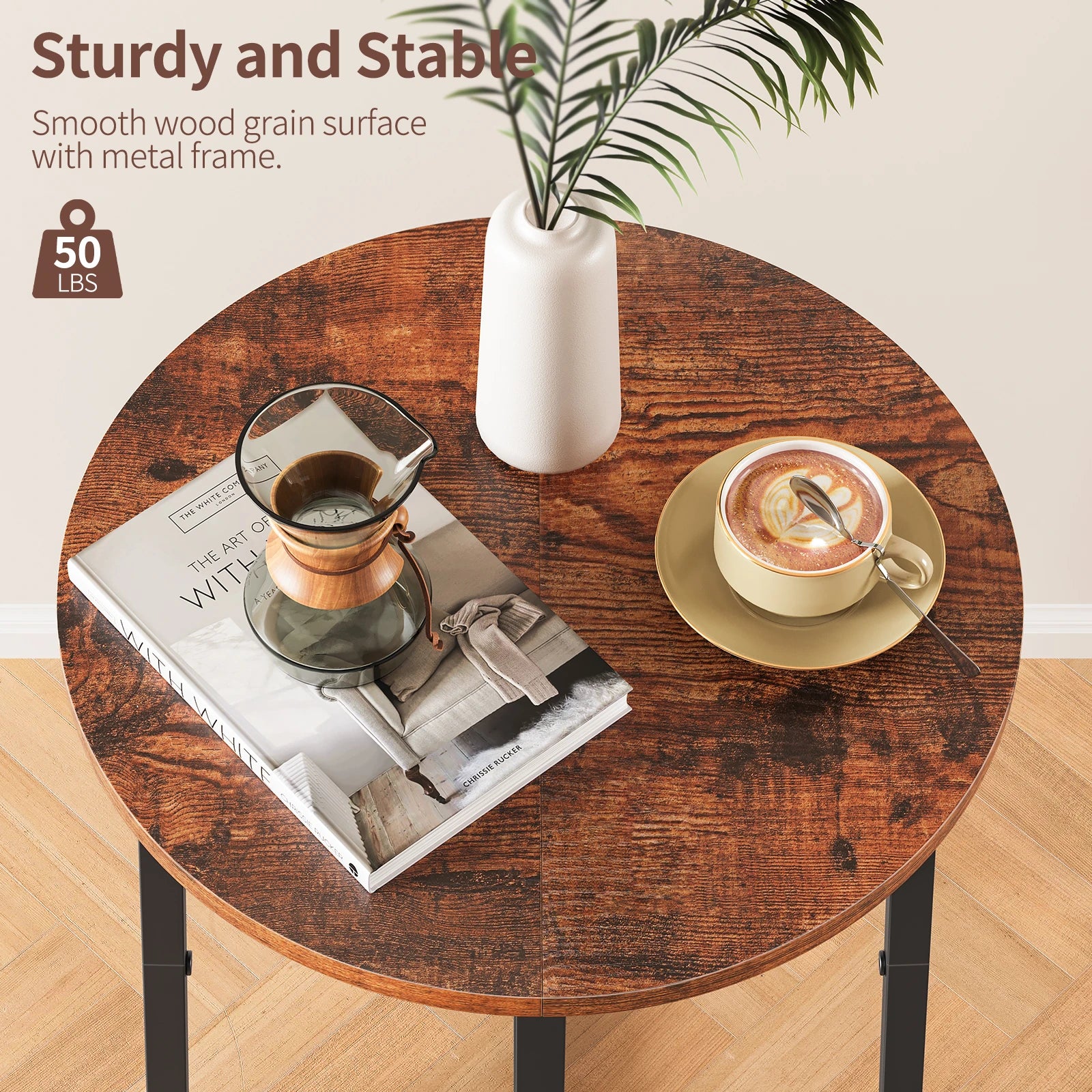 Round Side Table for Small Spaces, Small Table with Metal Legs,Accent End Tables for Living Room Bedroom,Reddish Brown