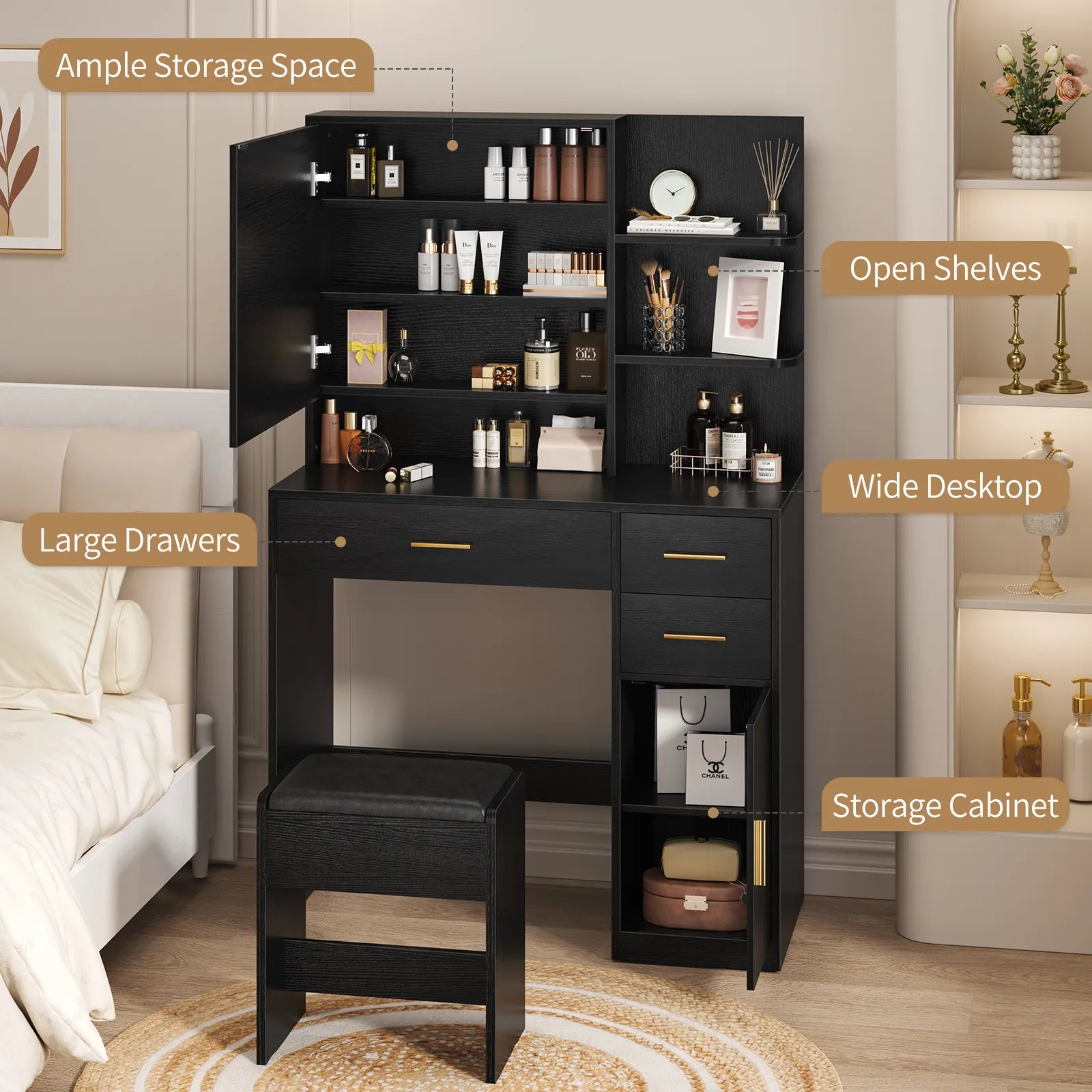 Vanity Desk with Mirror and Lights, Makeup Vanity Desk with Drawers & Cabinet, Vanities with Upholstered Chair, Black Makeup Table with Storage Shelves, Girls Dressing Table for Bedroom