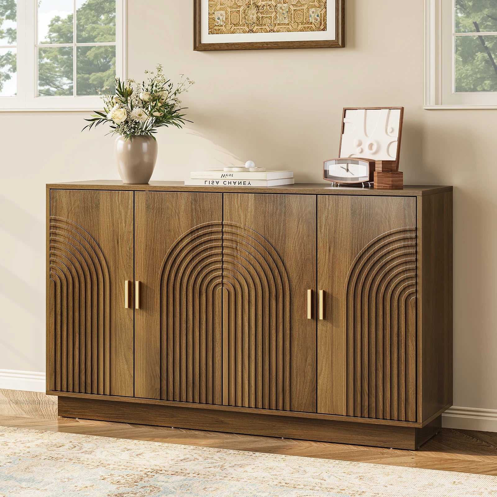 CURLA Fluted Sideboard Buffet Cabinet with Storage, 57" Coffee Bar Cabinet with 4 Doors & Adjustable Shelf, Credenza for Kitchen Living Room