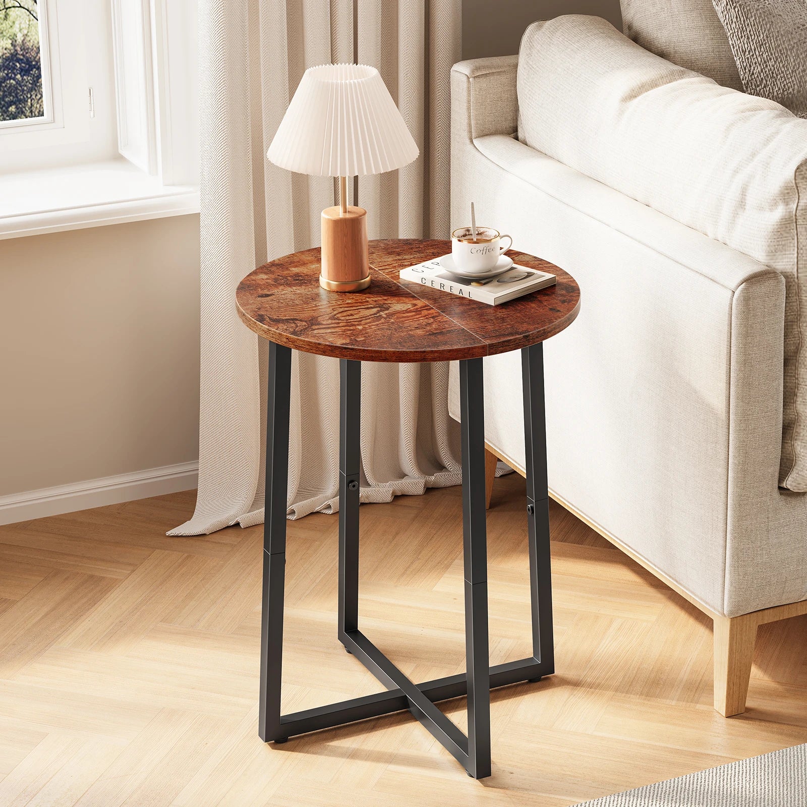 Round Side Table for Small Spaces, Small Table with Metal Legs,Accent End Tables for Living Room Bedroom,Reddish Brown
