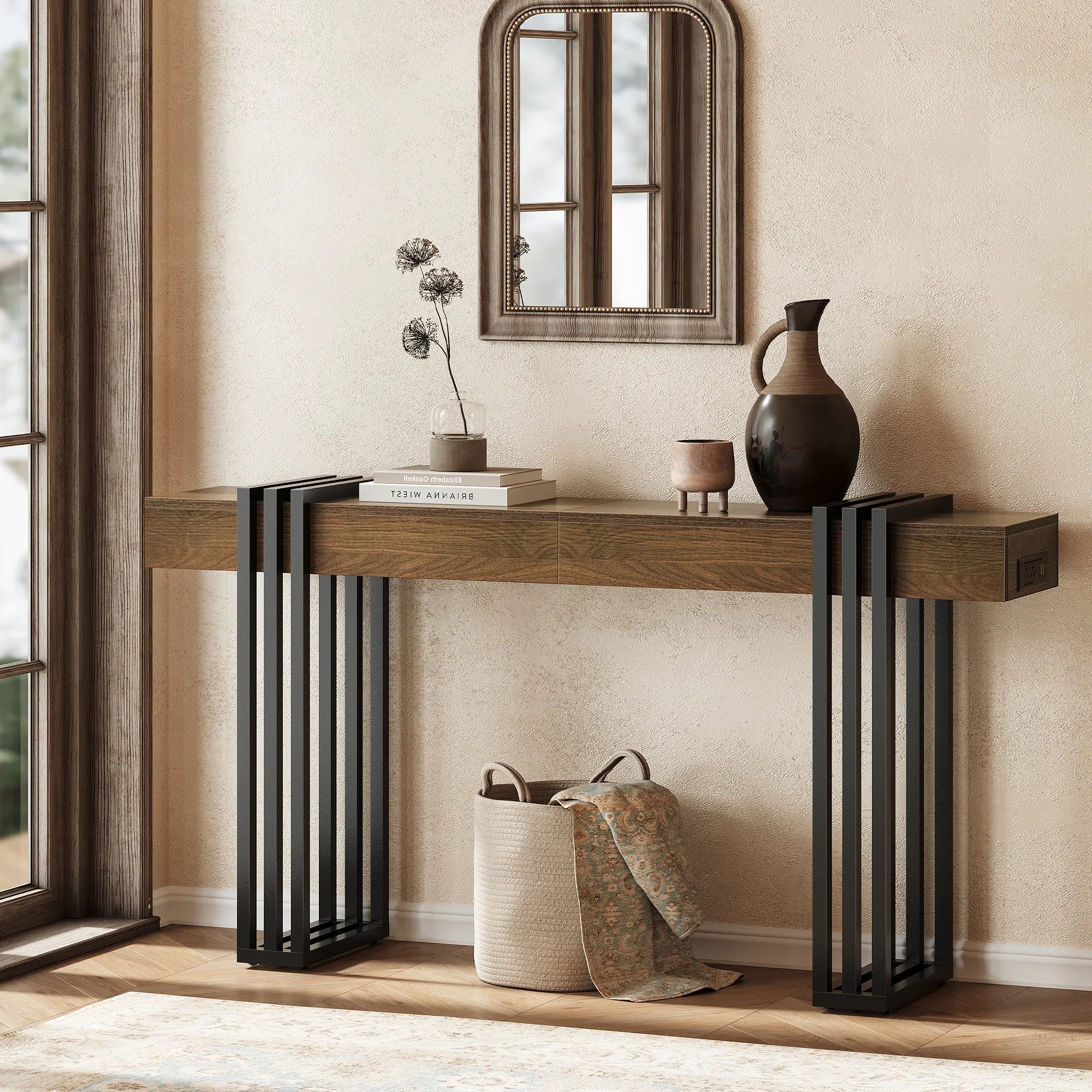 63" Long Console Table, Wood Entryway Table with Black Parallel Metal Frame & Outlet, Behind Couch Table for Hallway Living Room Foyer, Walnut