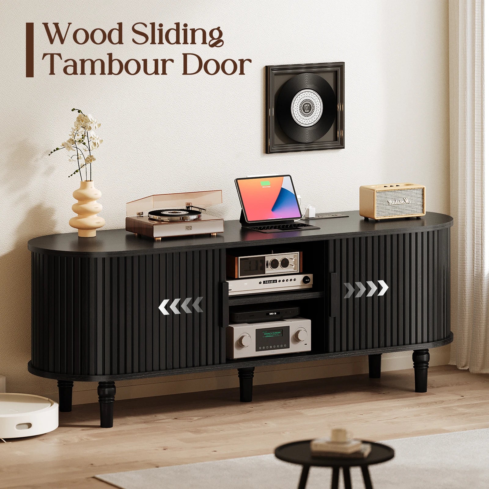 CURLA 55" TV Stand with Power Outlet, Entertainment Center with Sliding Tambour Door, Modern TV Stands for Living Room Bedroom, LED Media Console