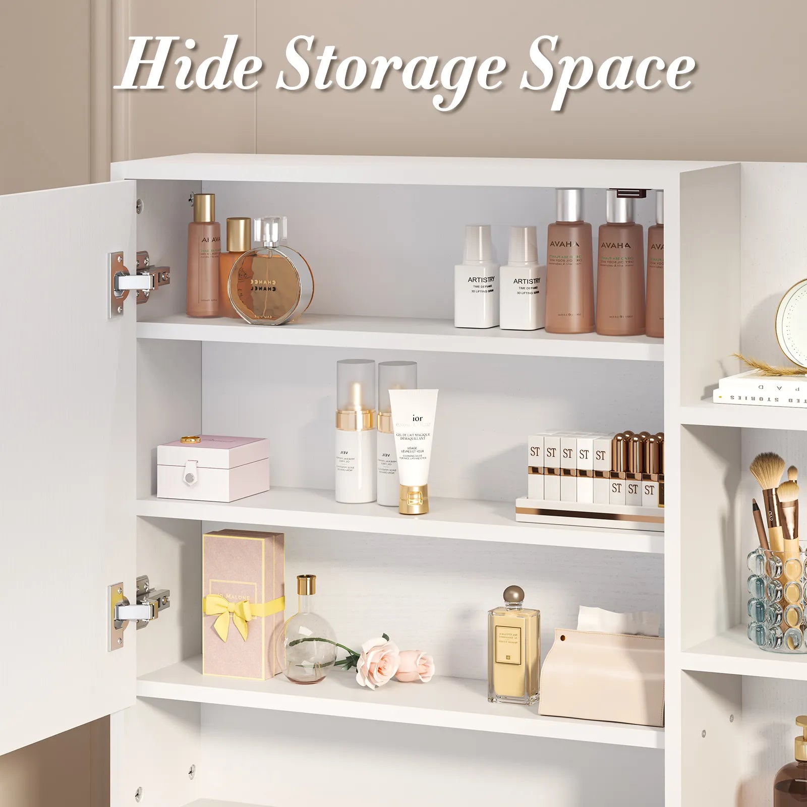 Vanity Desk with Mirror and Lights, Makeup Vanity Desk with Drawers & Cabinet, Vanities with Upholstered Chair, White Makeup Table with Storage Shelves, Girls Dressing Table for Bedroom