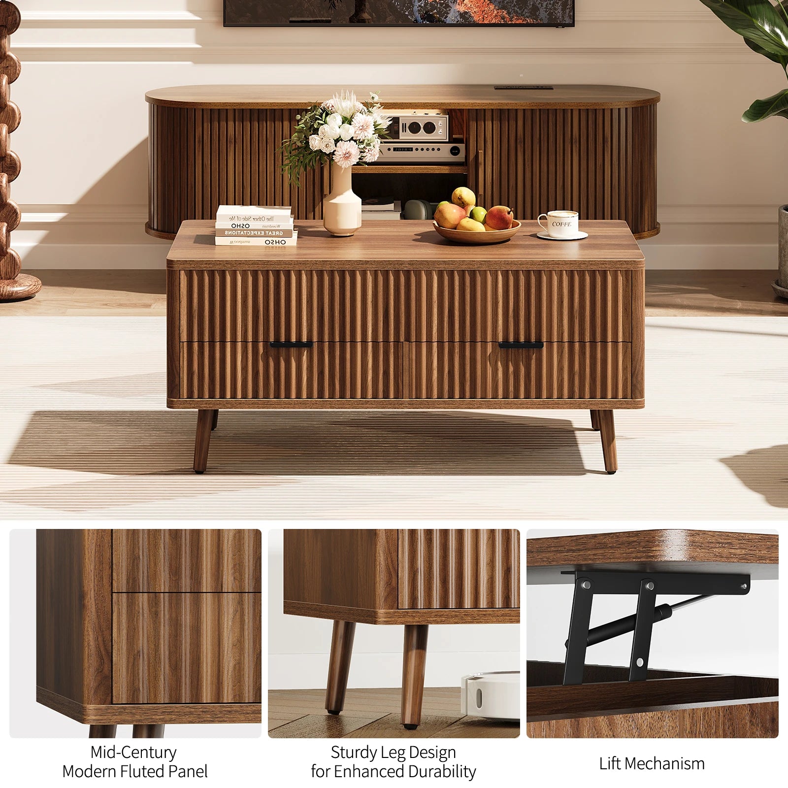 Lift Top Coffee Table with Storage, Wood Coffee Tables for Living Room with Drawers & Hidden Compartment, Mid Century Modern Center Table,Walnut