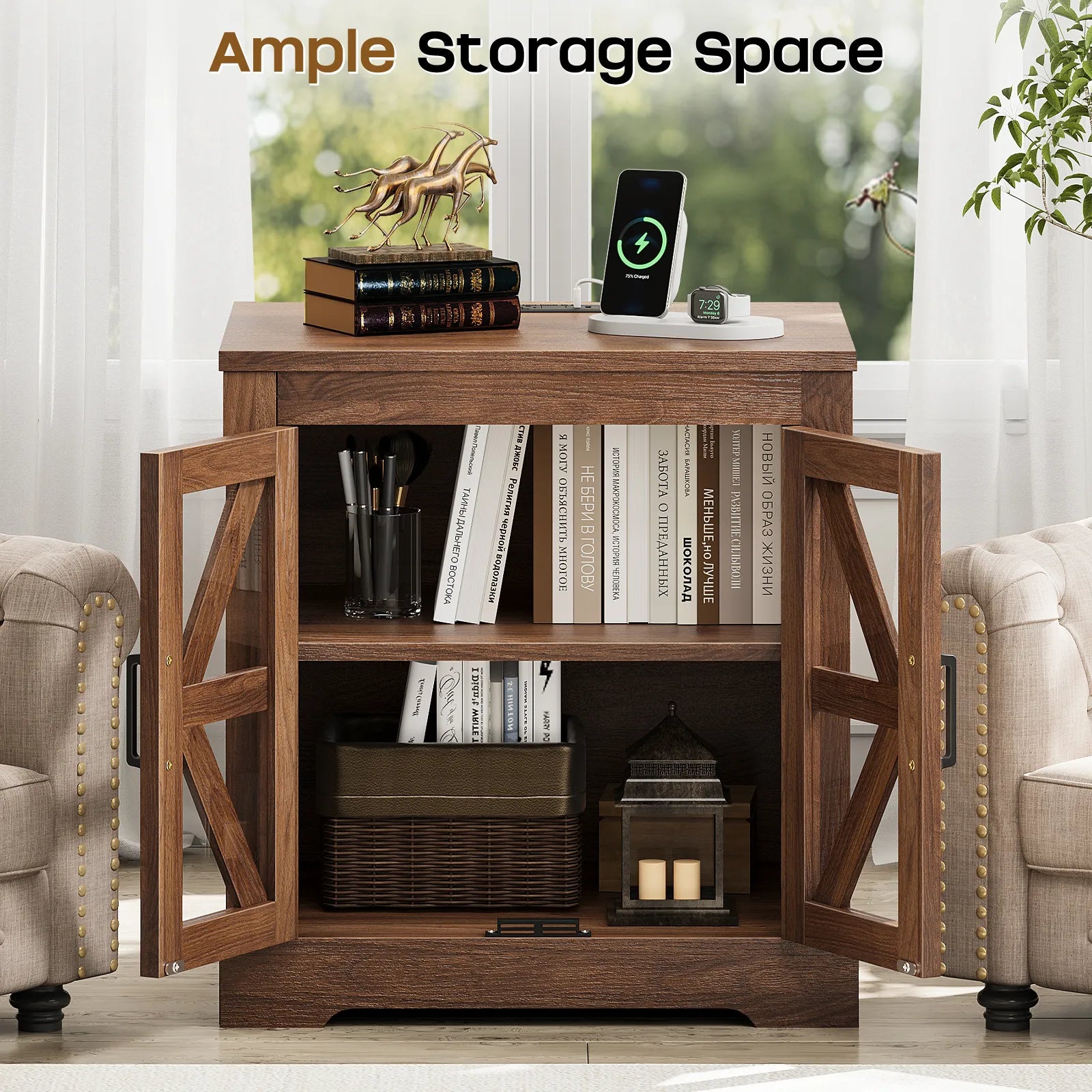 Curlaky Farmhouse Nightstand with Charging Station, Night Stand Side Table with Storage Cabinet, End Table with Adjustable Shelf, Side Tables Bedroom