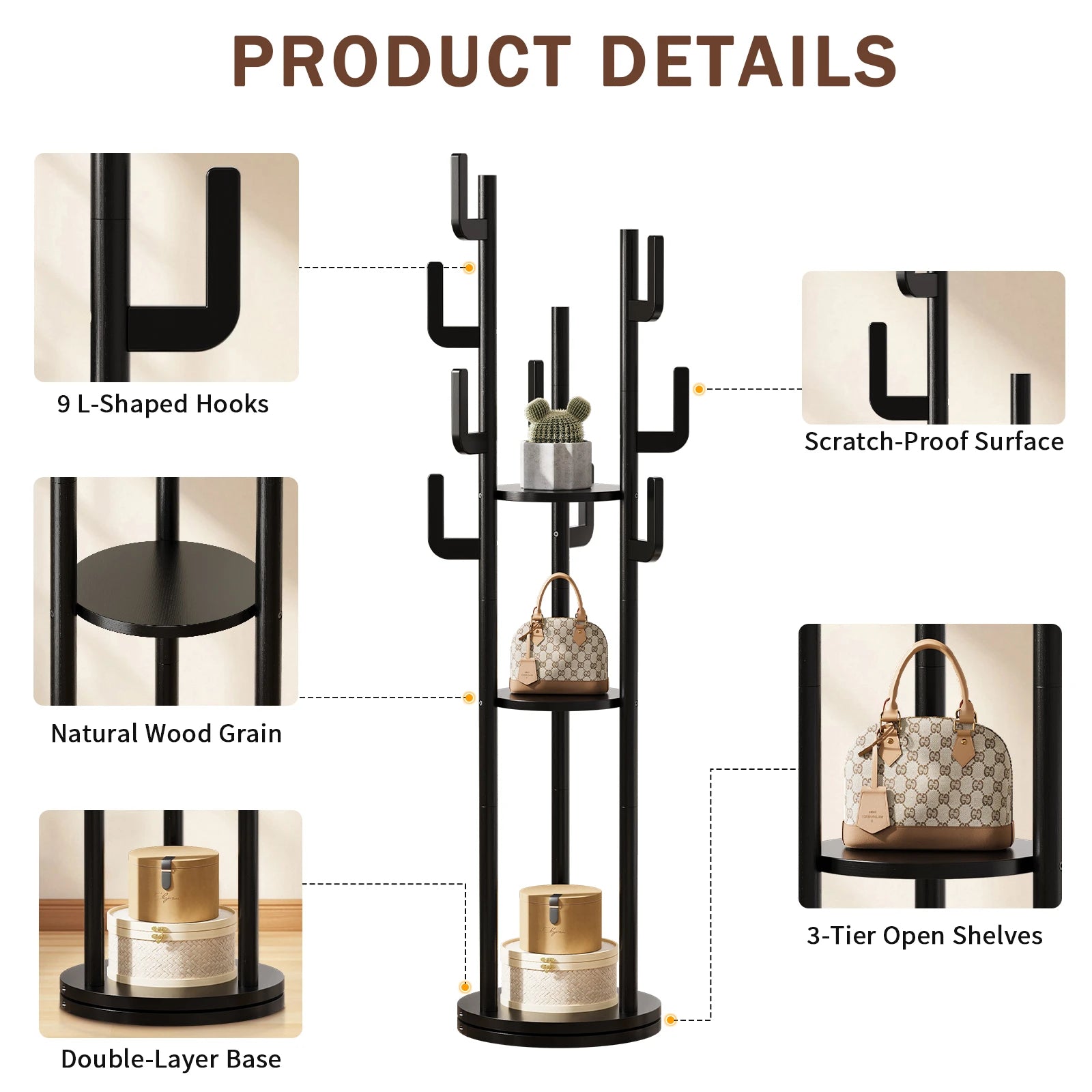 Rotary Coat Rack Freestanding, Solid Wood Coat Tree with 9 Hooks & 3 Open Shelves for Corner, Entryway, Hall Tree for Purse, Bag, Jacket, Hat