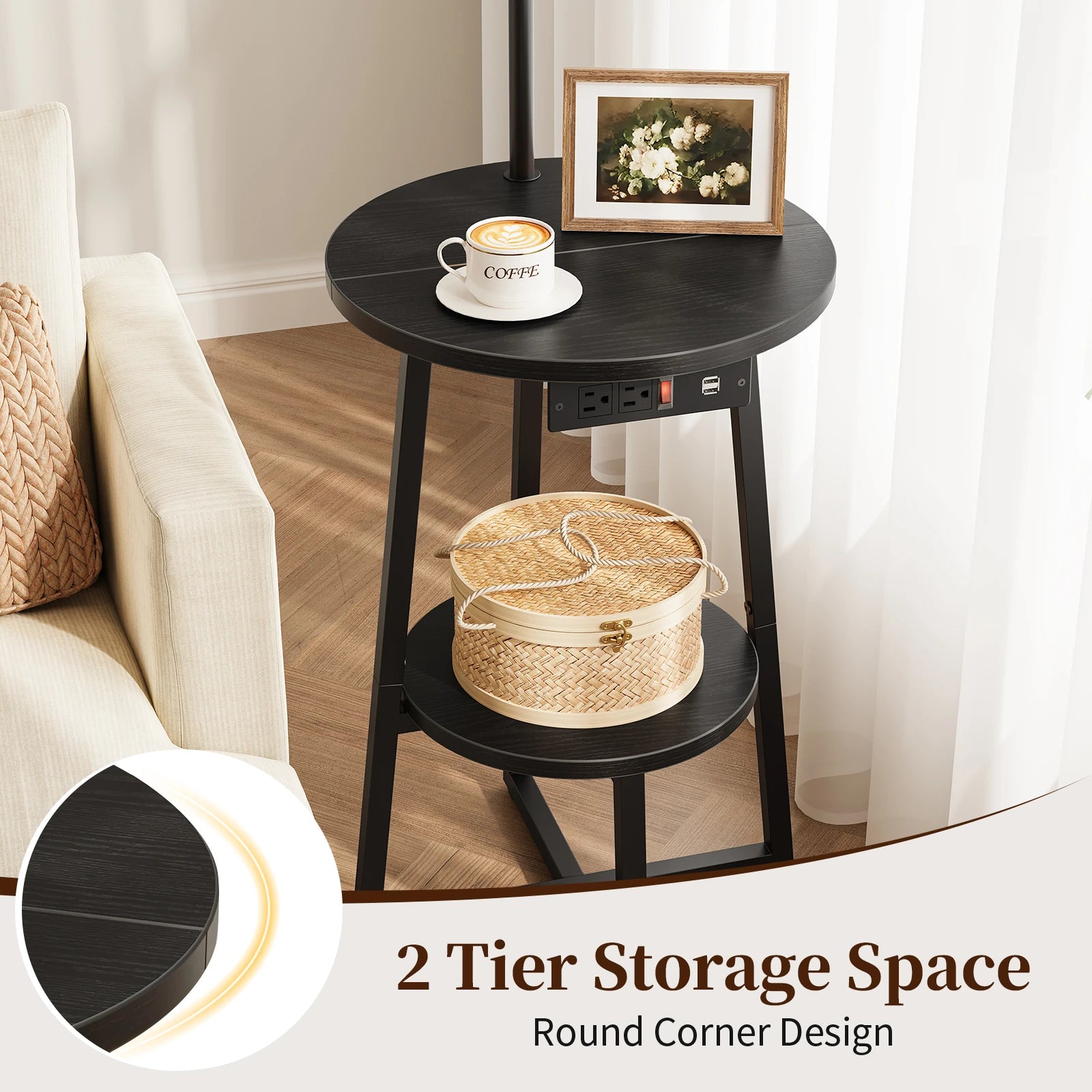Maliowa Floor Lamp with Table, Attached End Table with Dimmable Lamp & Charging Station, Side Table Lamps for Living Room Bedroom