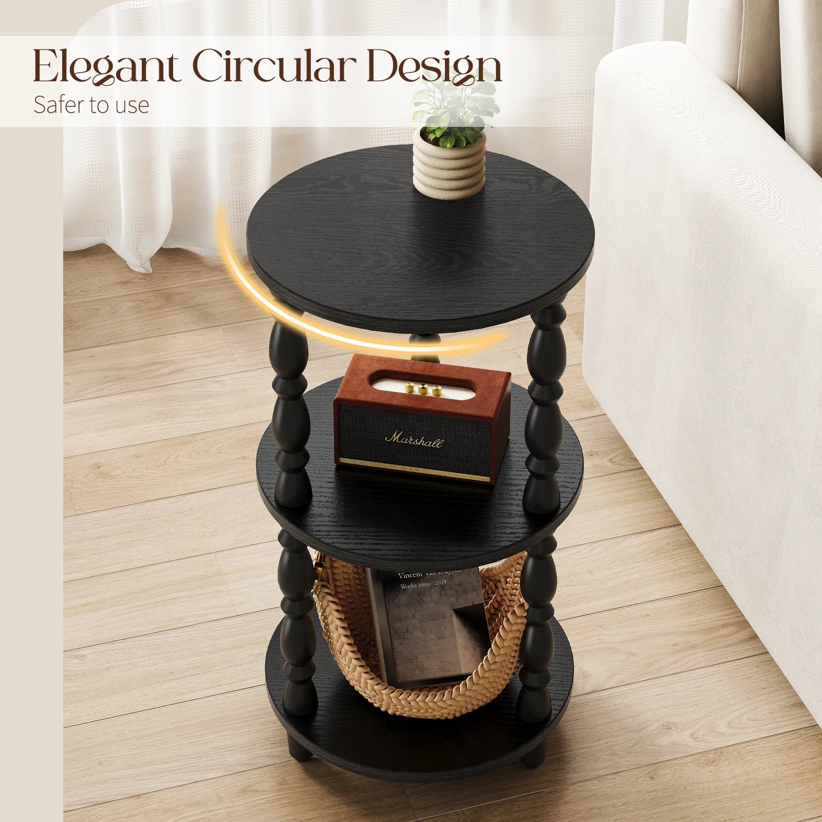 Maliowa 3-Tier Side Table, Small Round End Table for Living Room Bedroom, Accent Table Narrow Nightstand with Storage Shelf
