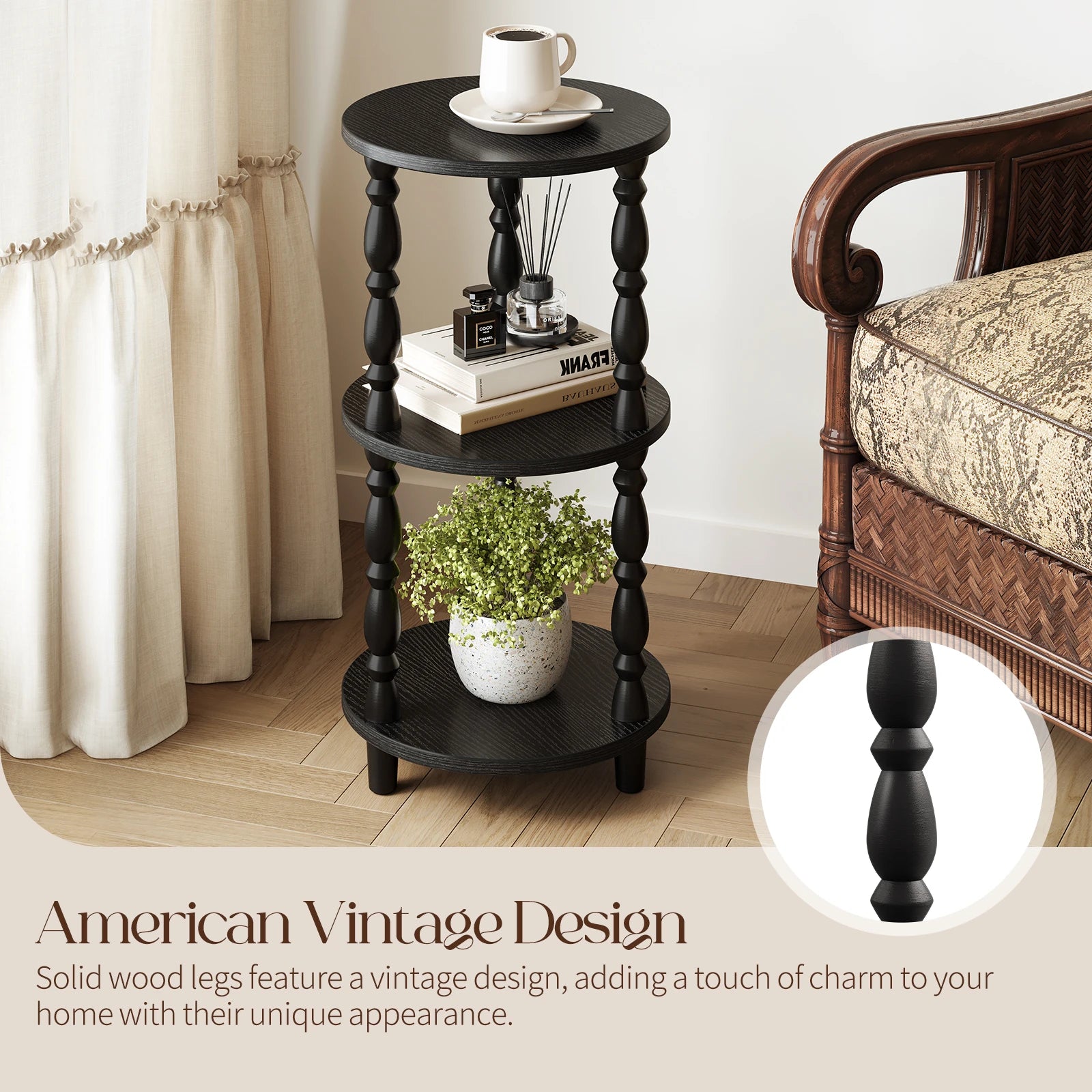 Maliowa 3-Tier Side Table, Small Round End Table for Living Room Bedroom, Accent Table Narrow Nightstand with Storage Shelf