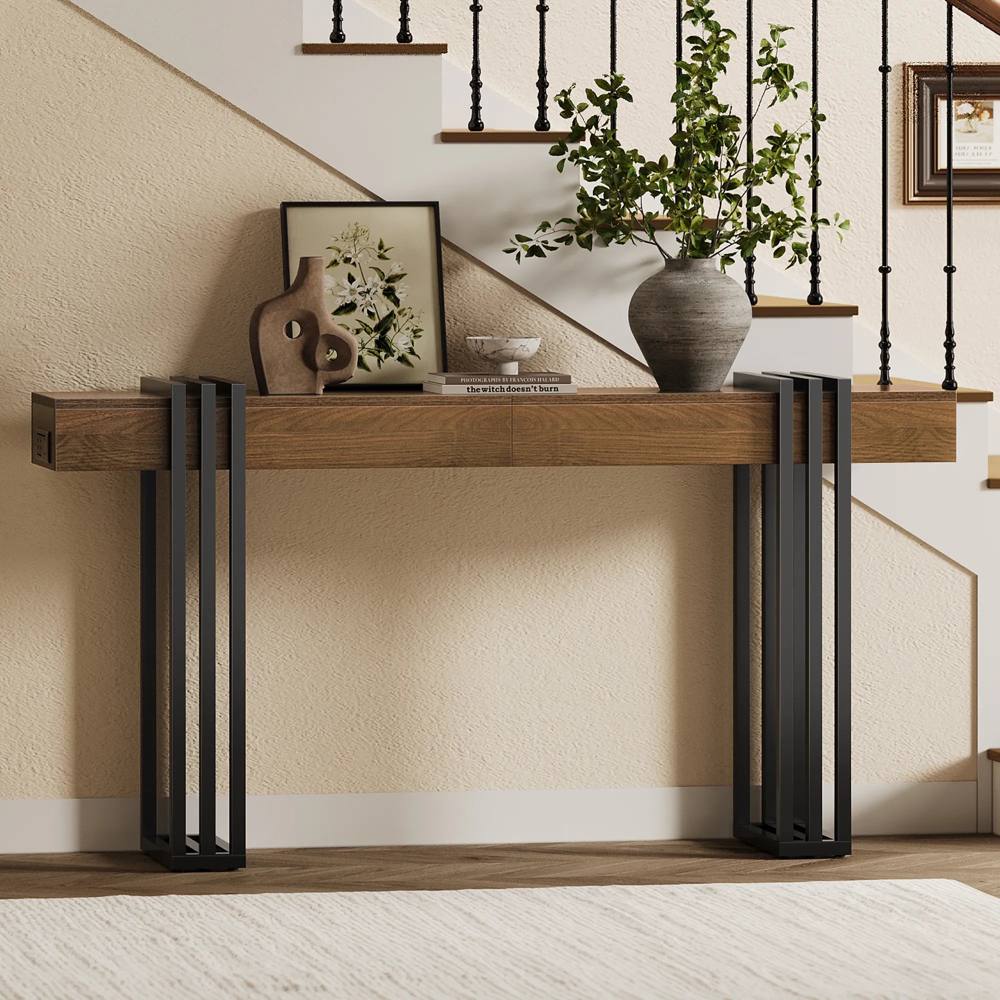 63" Long Console Table, Wood Entryway Table with Black Parallel Metal Frame & Outlet, Behind Couch Table for Hallway Living Room Foyer, Walnut