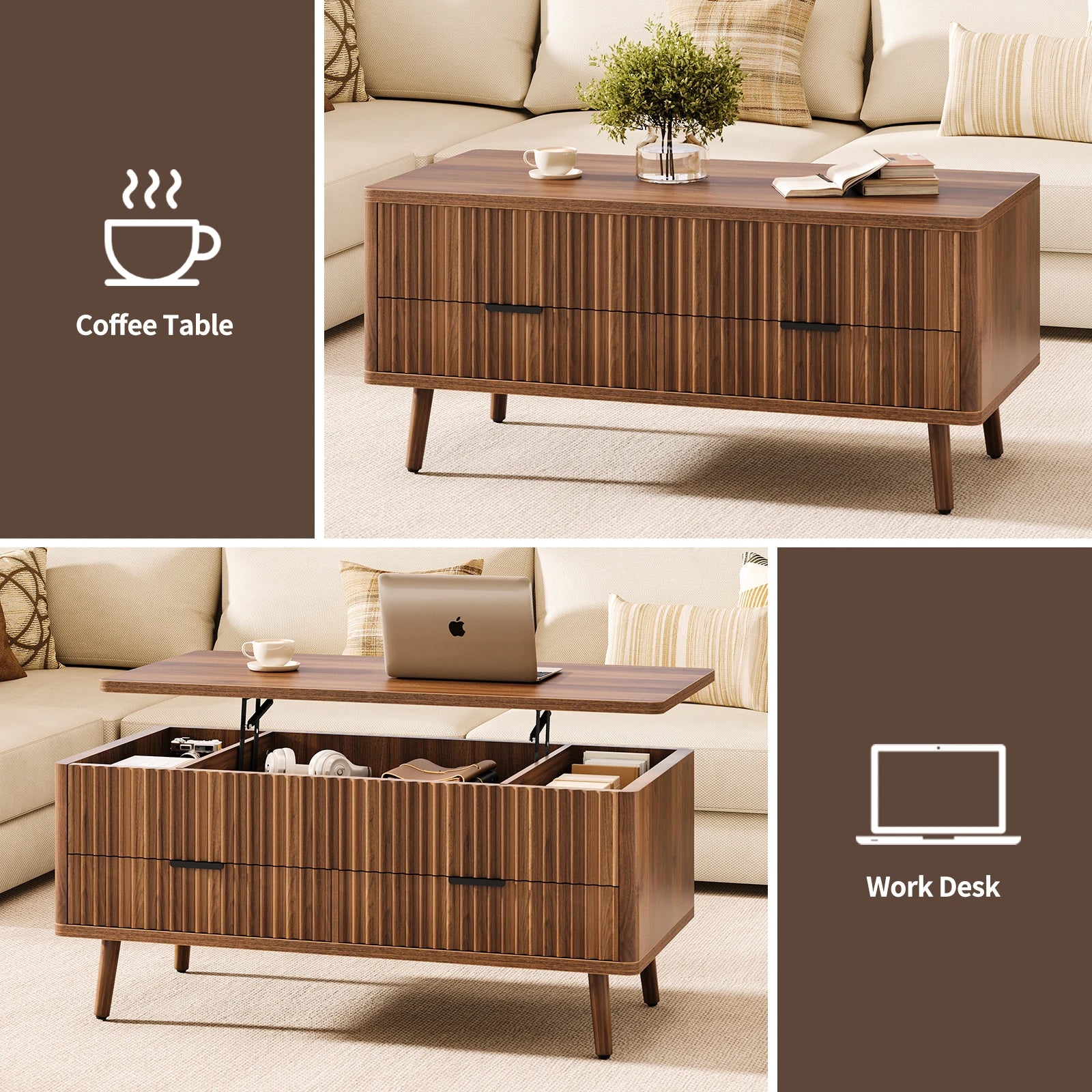 Lift Top Coffee Table with Storage, Wood Coffee Tables for Living Room with Drawers & Hidden Compartment, Mid Century Modern Center Table,Walnut