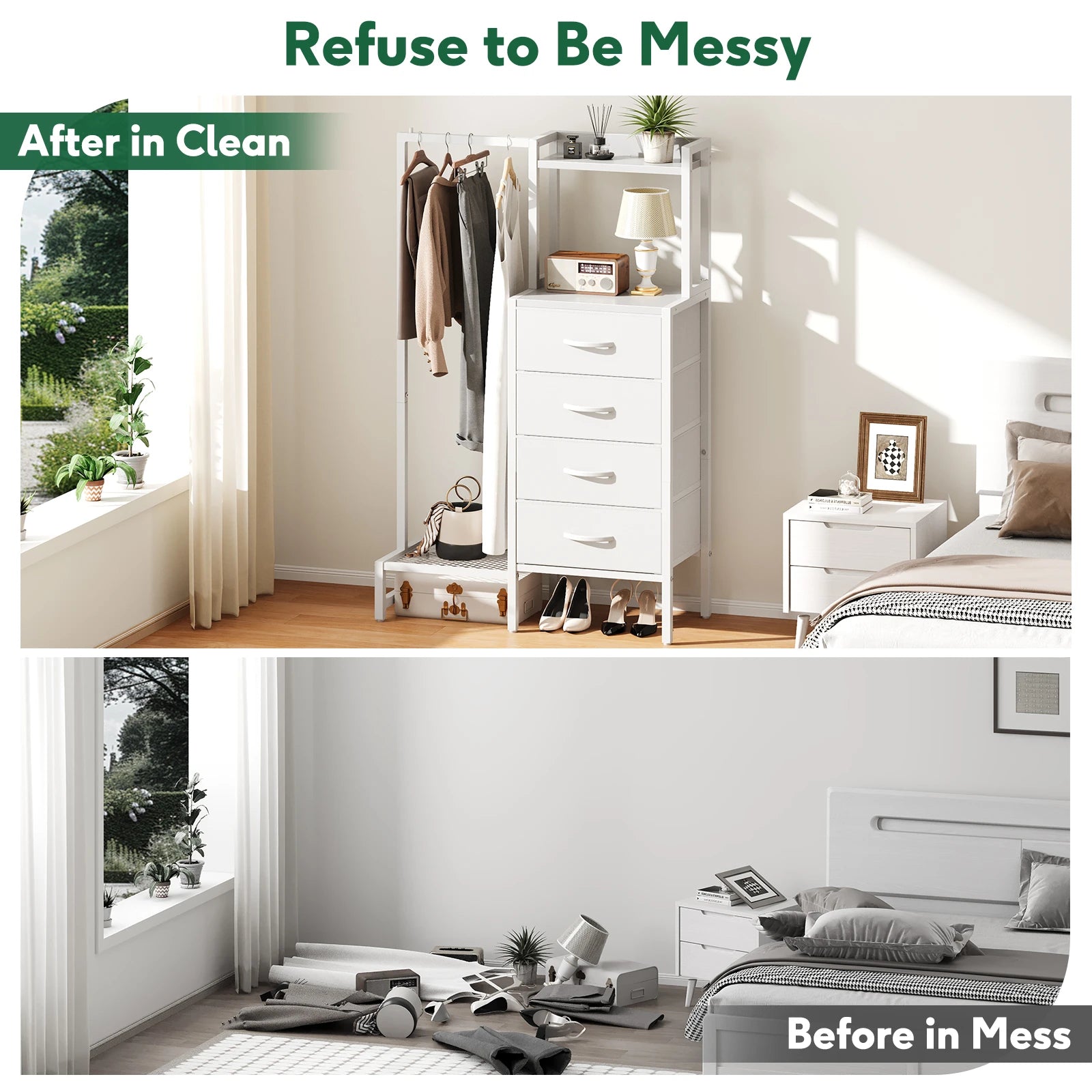 Yoob Small Dresser with Hanging Rack - Small Closet with 4 Fabric Storage Drawers, Chest of Drawer for Bedroom Entryway Dorm