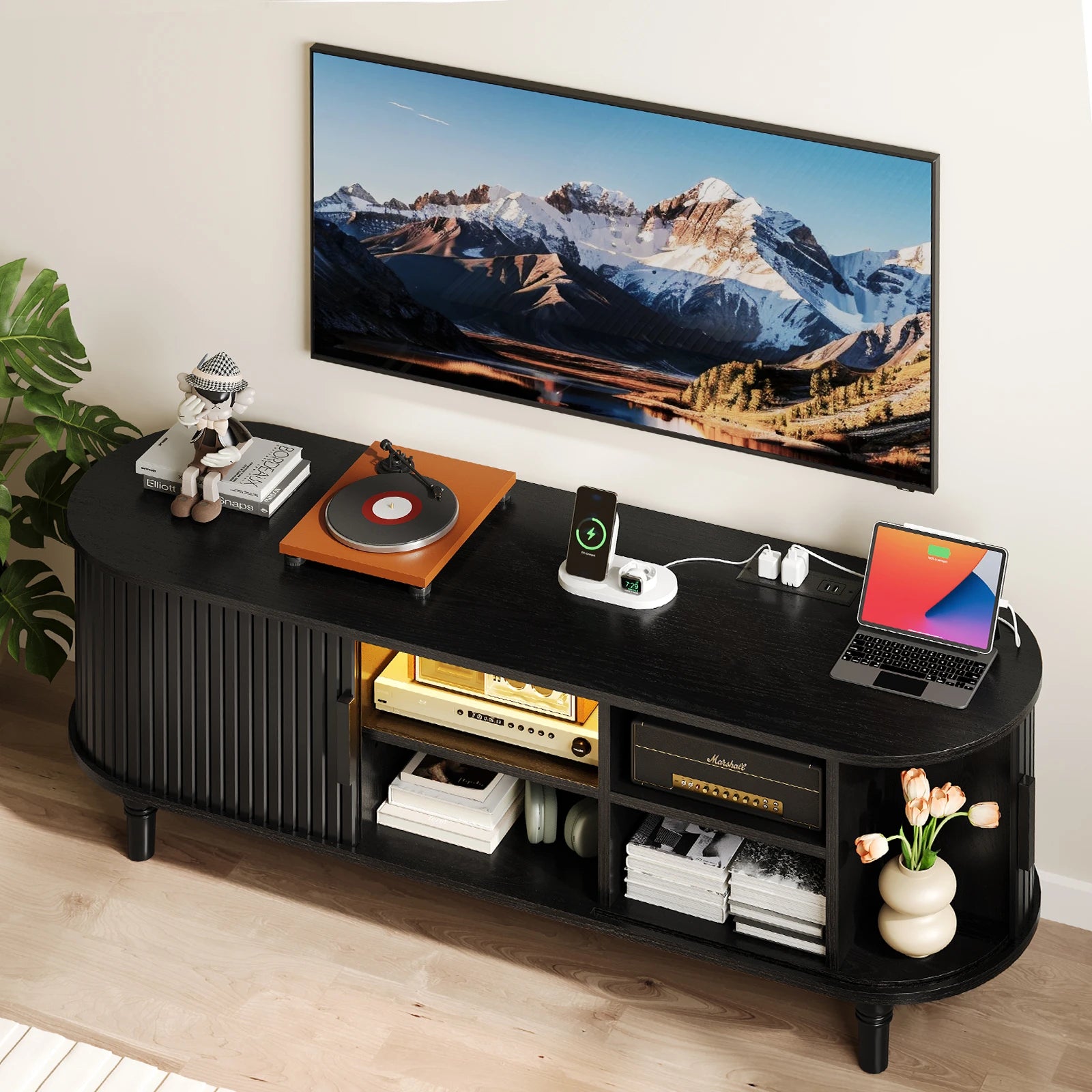 CURLA 55" TV Stand with Power Outlet, Entertainment Center with Sliding Tambour Door, Modern TV Stands for Living Room Bedroom, LED Media Console