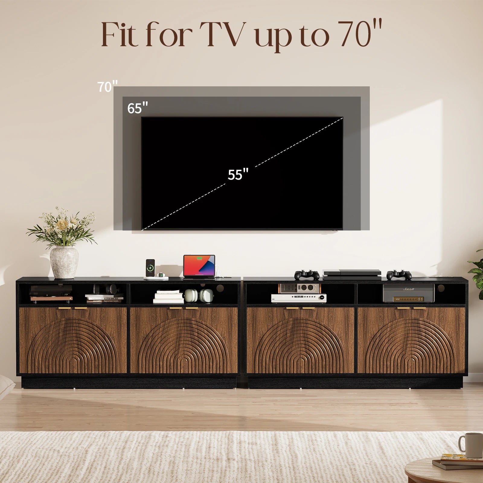 CURLA 58" Fluted TV Stand with Power Outlet, LED TV Stands with Storage & Adjustable Shelf, Entertainment Center for Living Room, Mid Century