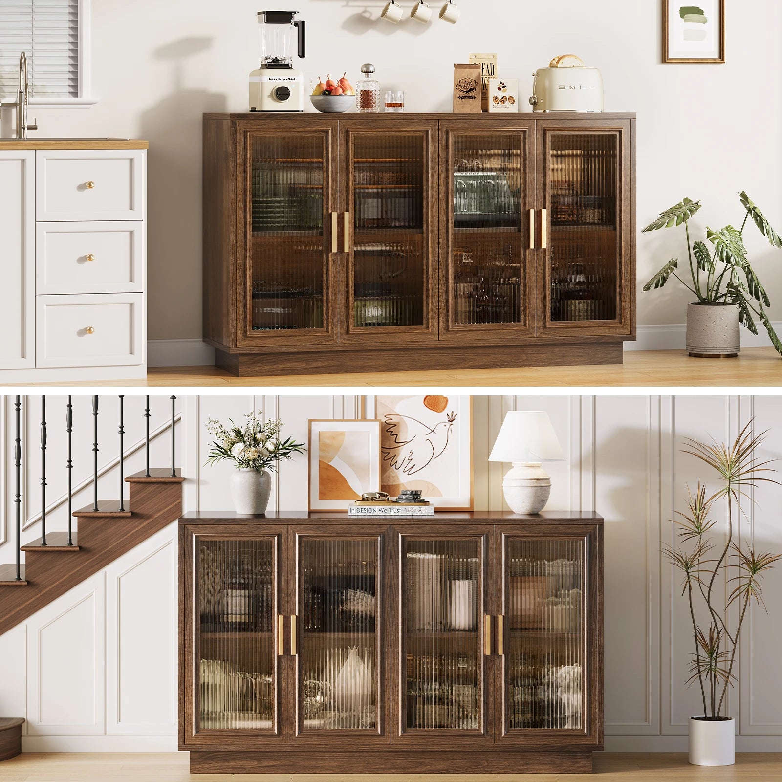 CURLA 55.1" Sideboard Buffet Cabinet with Storage, Wood Kitchen Cabinet with 4 Fluted Doors, Large Buffet Table, Credenza Coffee Bar for Dining Living Room