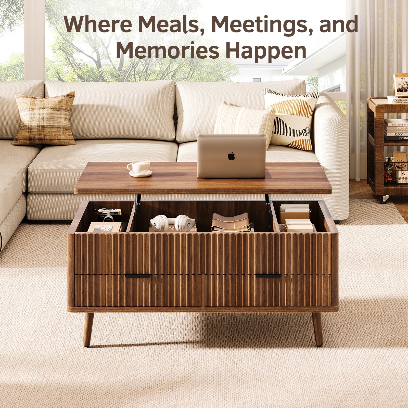 Lift Top Coffee Table with Storage, Wood Coffee Tables for Living Room with Drawers & Hidden Compartment, Mid Century Modern Center Table,Walnut