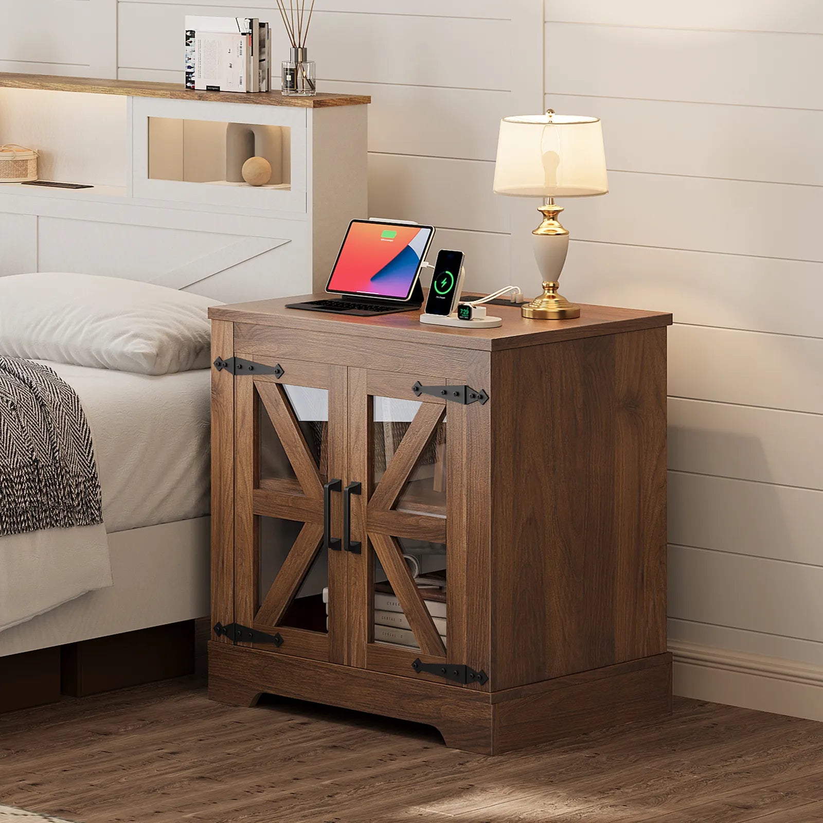 Curlaky Farmhouse Nightstand with Charging Station, Night Stand Side Table with Storage Cabinet, End Table with Adjustable Shelf, Side Tables Bedroom