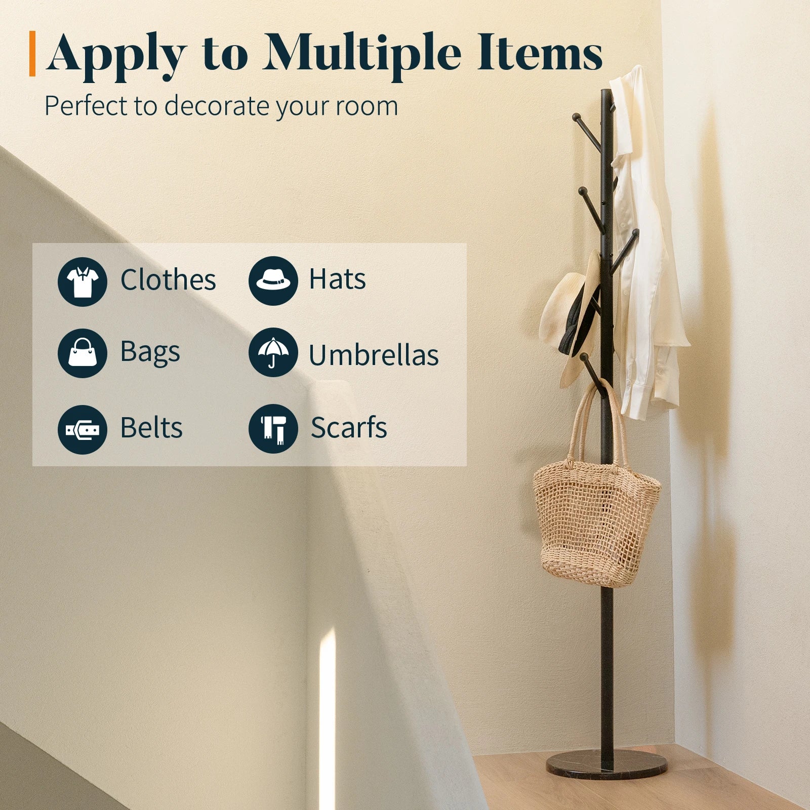 Coat Rack Freestanding with Natural Marble Base, Coat Tree with 8 Hooks, Metal Hall Tree for Jacket, Hat, Bag, Coat Hanger Stand for Entryway