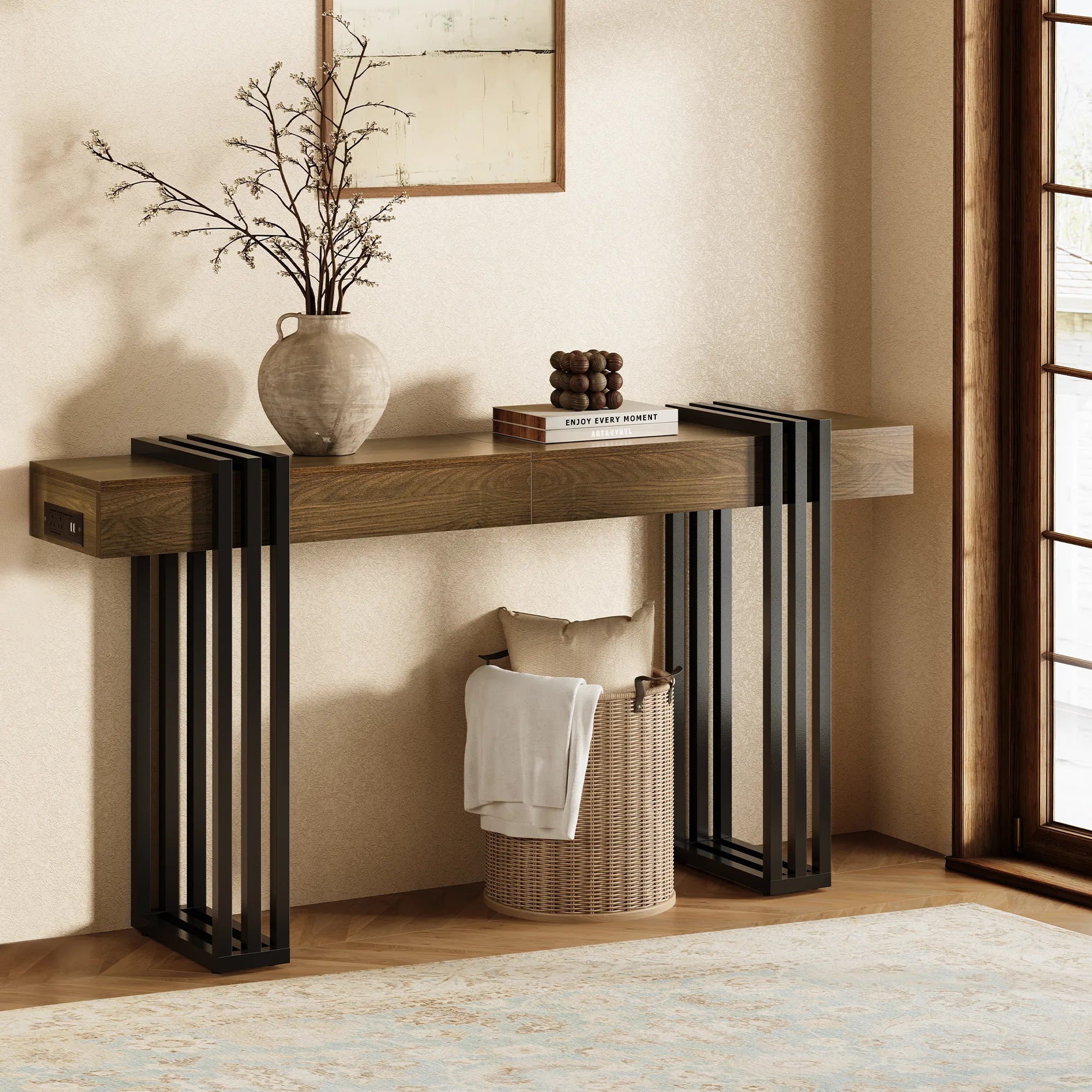 63" Long Console Table, Wood Entryway Table with Black Parallel Metal Frame & Outlet, Behind Couch Table for Hallway Living Room Foyer, Walnut