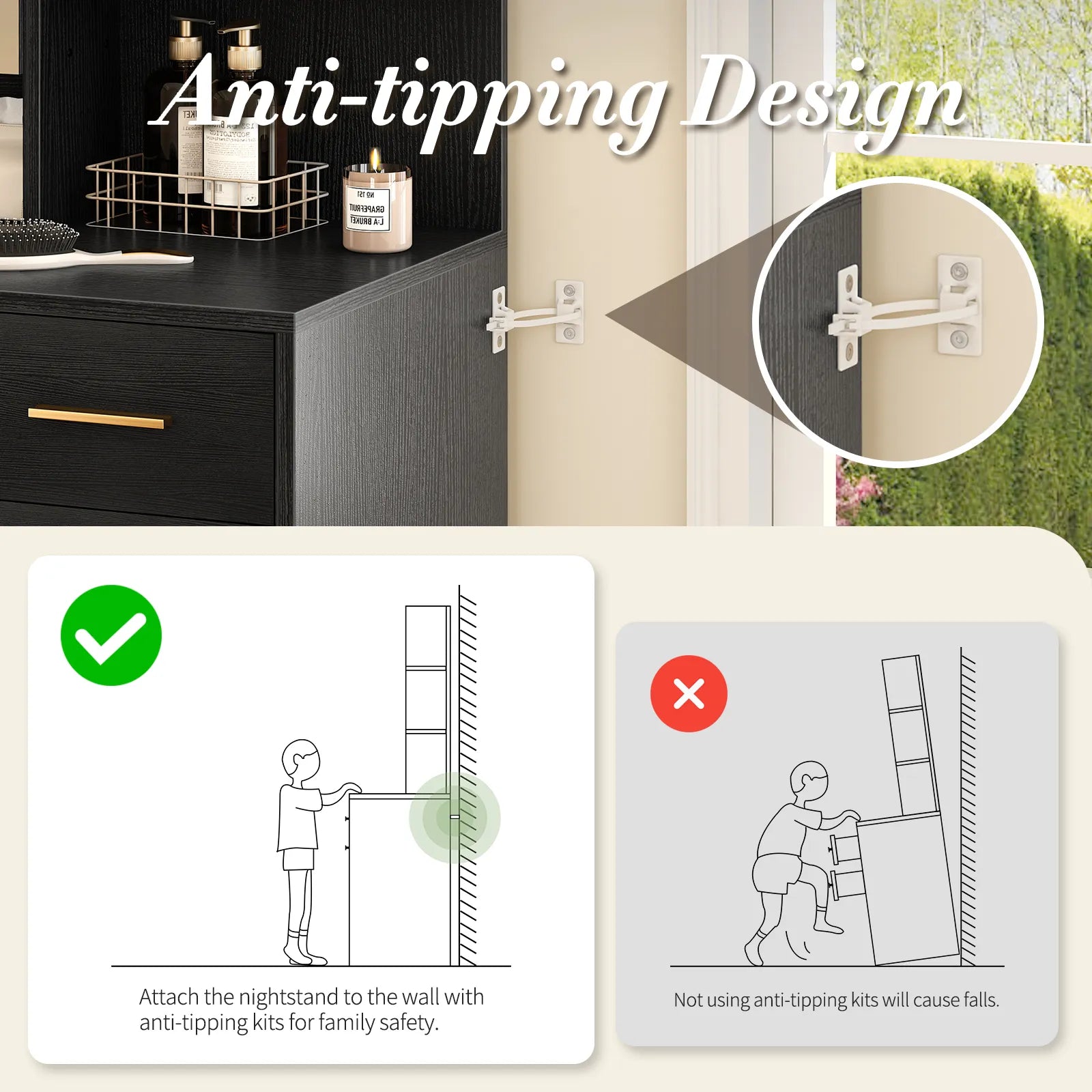 Vanity Desk with Mirror and Lights, Makeup Vanity Desk with Drawers & Cabinet, Vanities with Upholstered Chair, Black Makeup Table with Storage Shelves, Girls Dressing Table for Bedroom