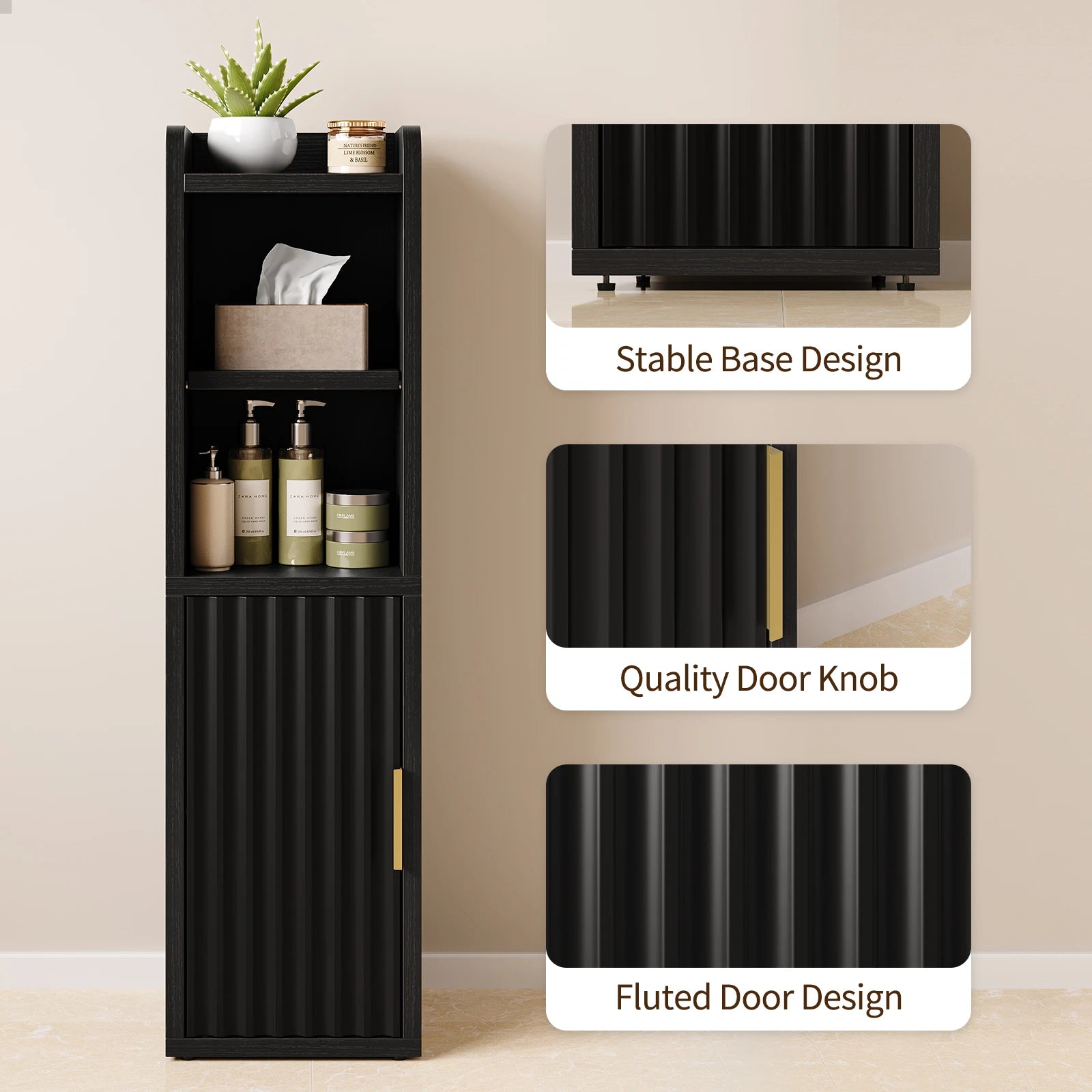 Maliowa Small Bathroom Storage Cabinet, Narrow Bathroom Cabinet with Fluted Door&Adjustable Shelf, Wood Toilet Paper Storage Cabinets for Small Space