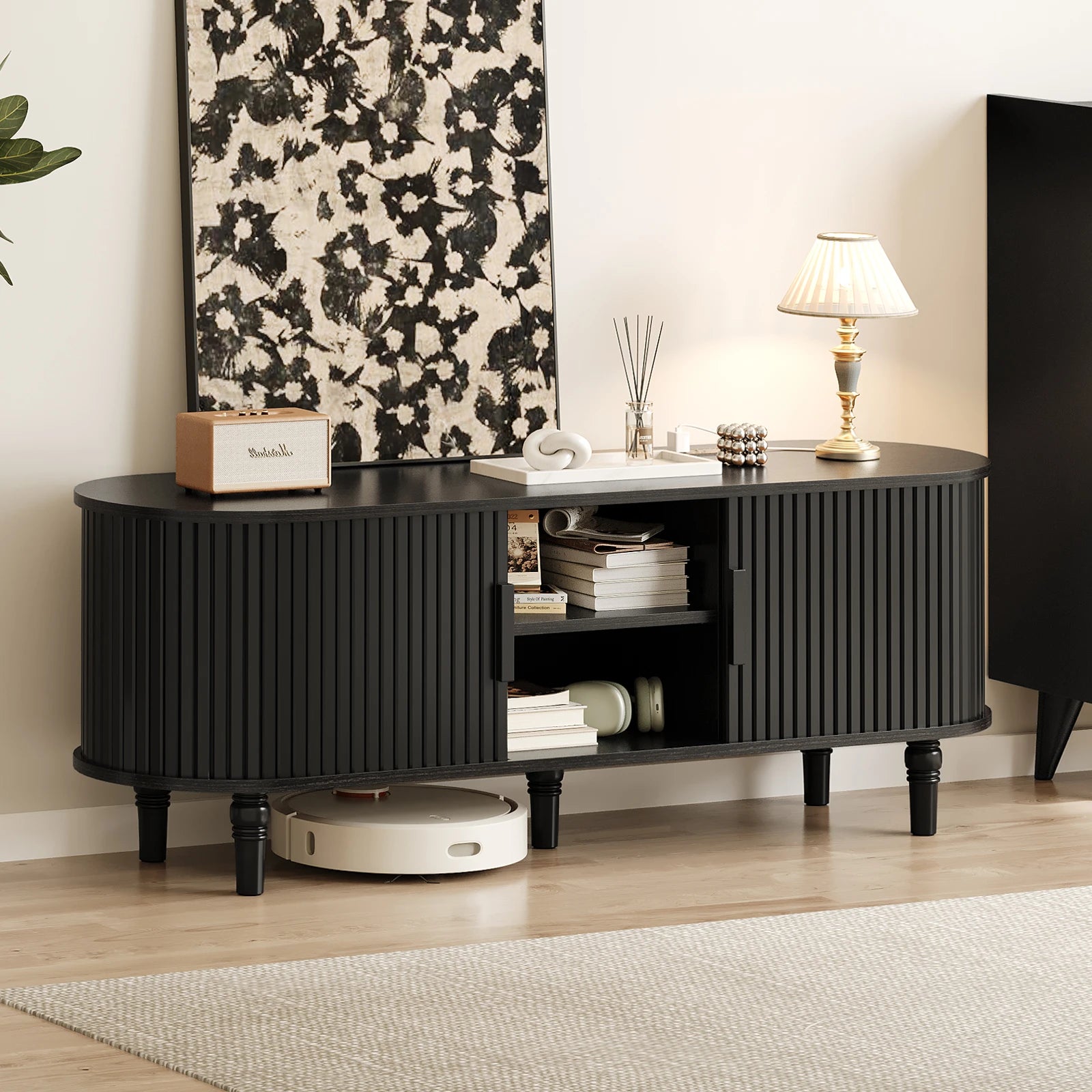 CURLA 55" TV Stand with Power Outlet, Entertainment Center with Sliding Tambour Door, Modern TV Stands for Living Room Bedroom, LED Media Console