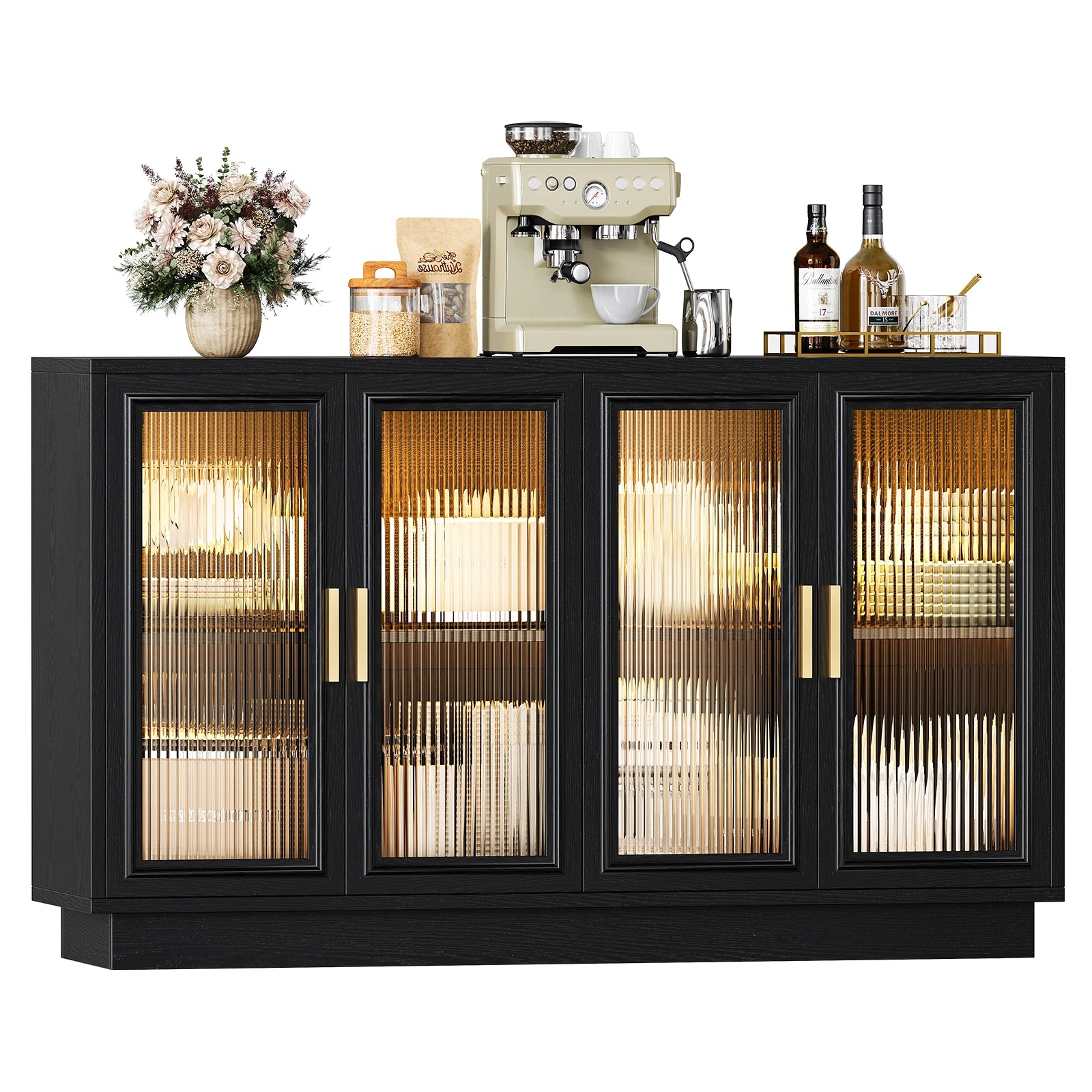 CURLA 55.1" Sideboard Buffet Cabinet with Storage, Wood Kitchen Cabinet with 4 Fluted Doors, Large Buffet Table, Credenza Coffee Bar for Dining Living Room
