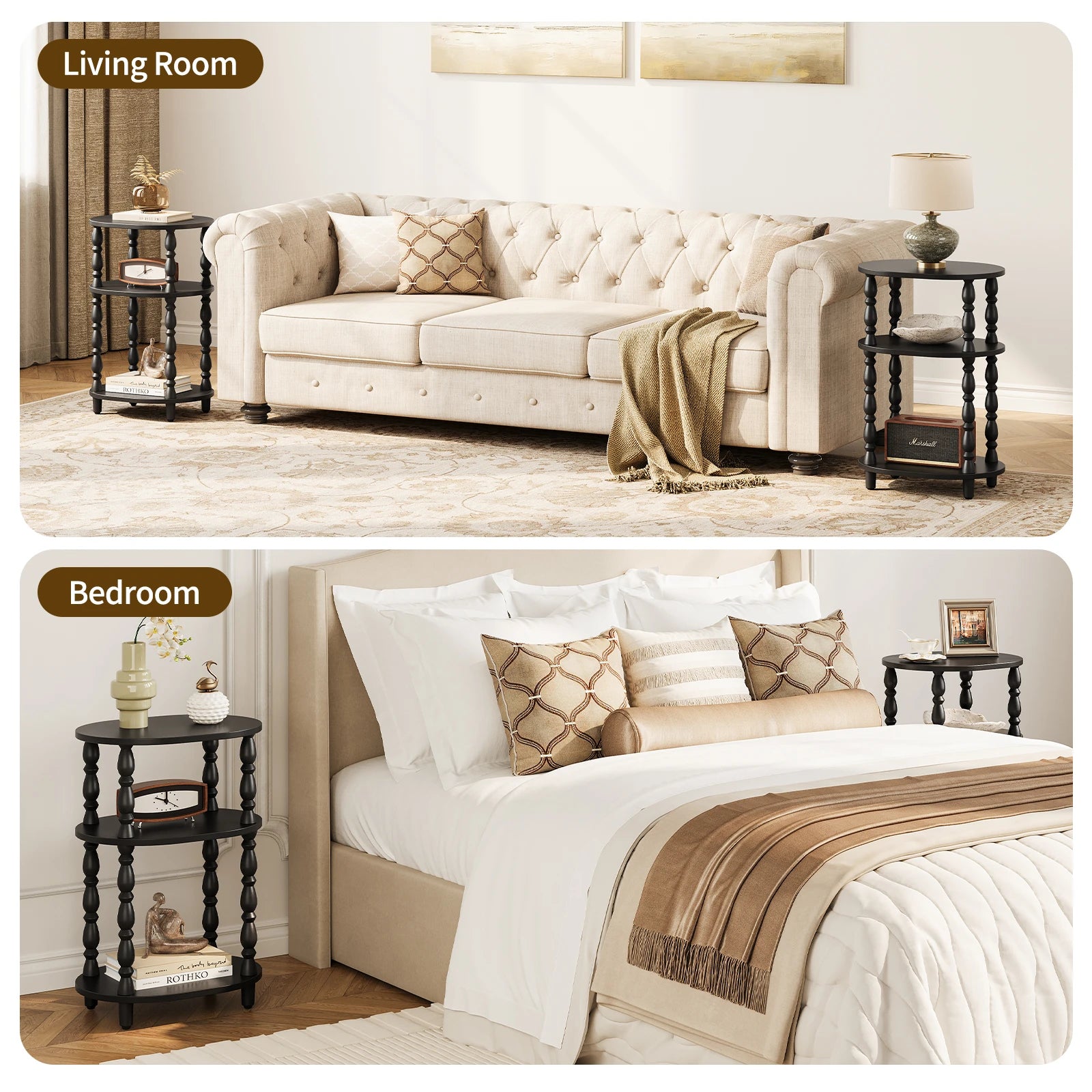 Maliowa 3-Tier Side Table, Small End Table for Living Room Bedroom, Accent Table Nightstand with Storage Shelf for Narrow Spaces