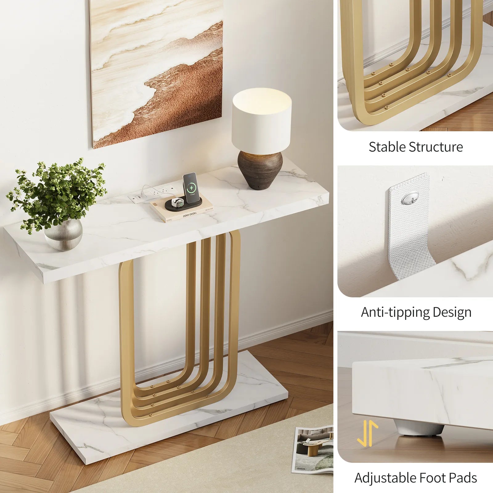Narrow Console Table with Outlet, Industrial Entryway Table with Unique Base, Small Sofa Table, behind couch table for Entry Way Living Room,White