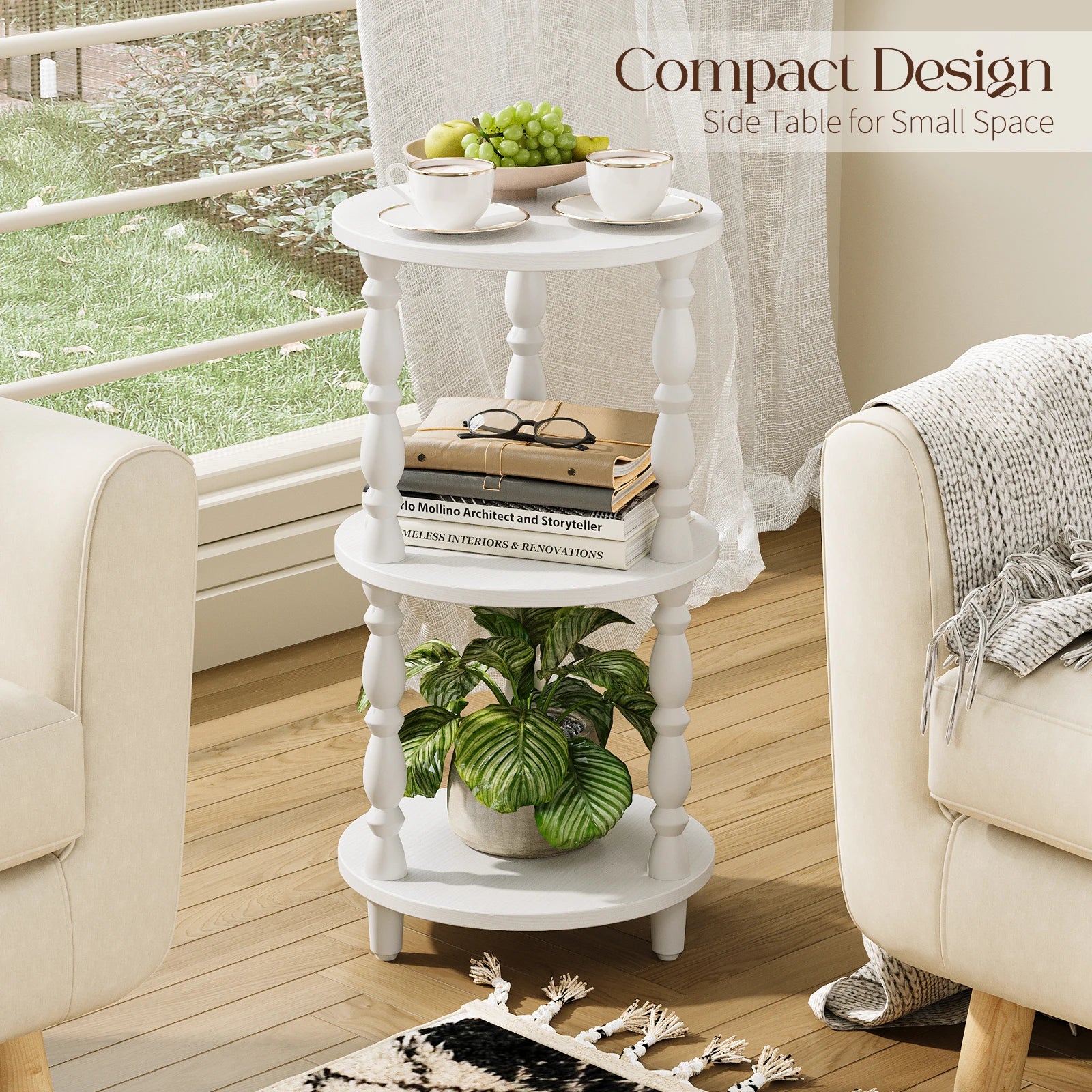 Maliowa 3-Tier Side Table, Small Round End Table for Living Room Bedroom, Accent Table Narrow Nightstand with Storage Shelf