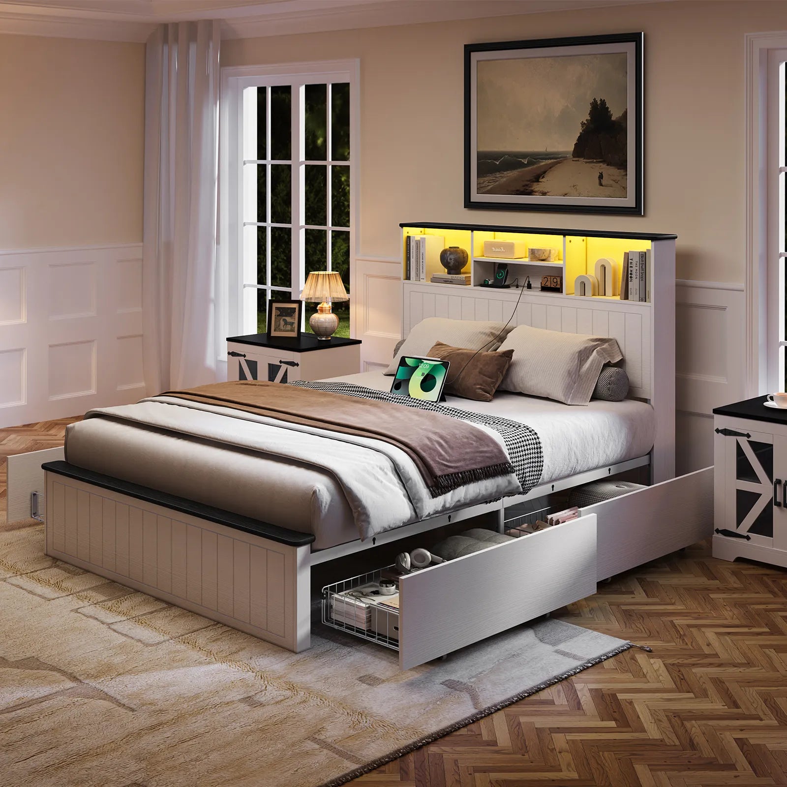 Full Size Bed Frame with Headboard, Farmhouse Wood Full Bed Frame with 4 Storage Drawers, Platform Beds with Charging Station & LED Light