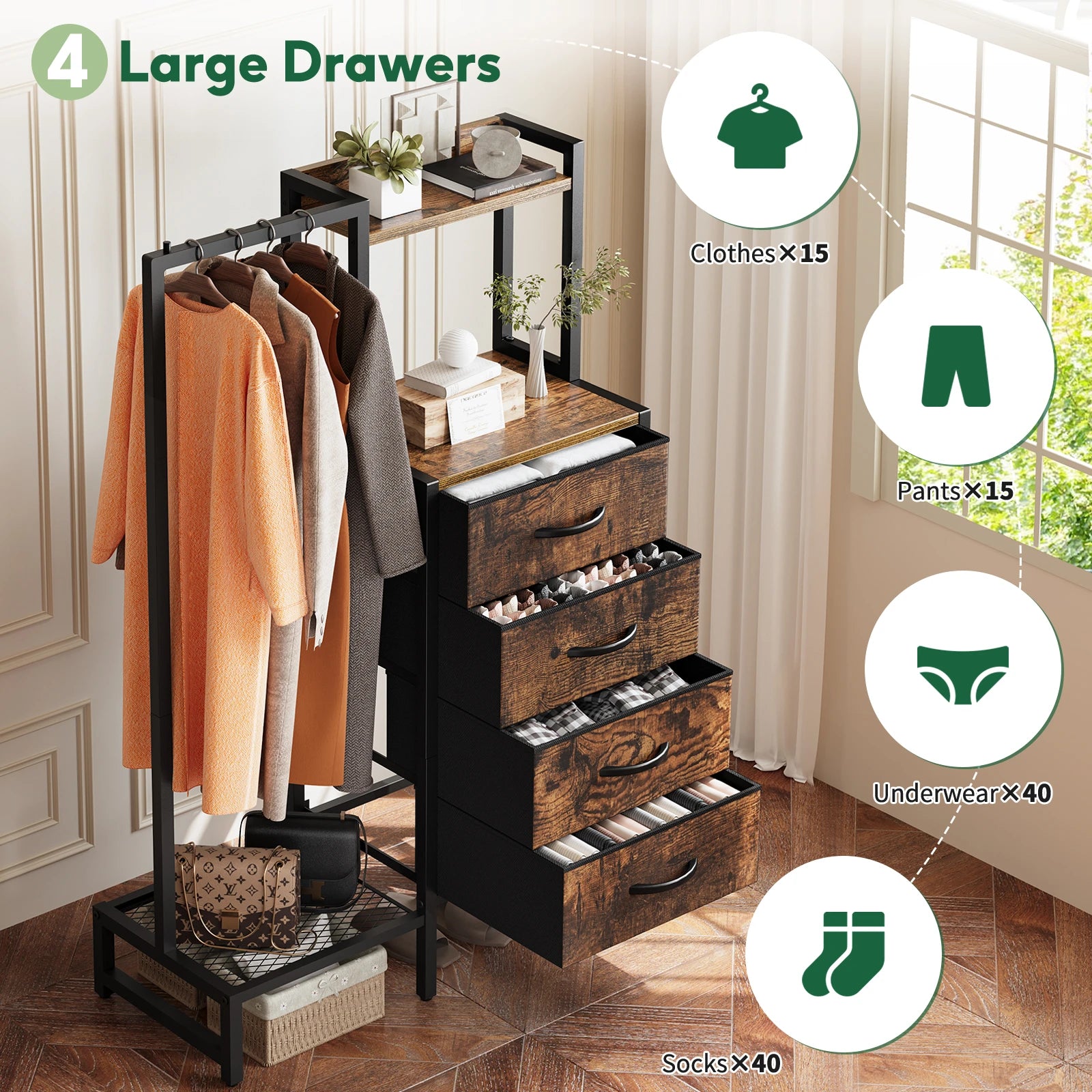 Yoob Small Dresser with Hanging Rack - Small Closet with 4 Fabric Storage Drawers, Chest of Drawer for Bedroom Entryway Dorm
