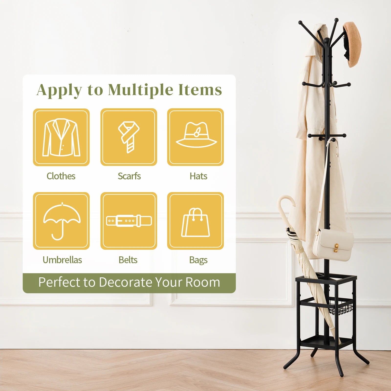 Coat Rack Freestanding, Coat Tree with Umbrella Holder, Metal Coat Rack Stand with 12 Hooks, Hall Tree Purse Rack for Entryway, Living Room