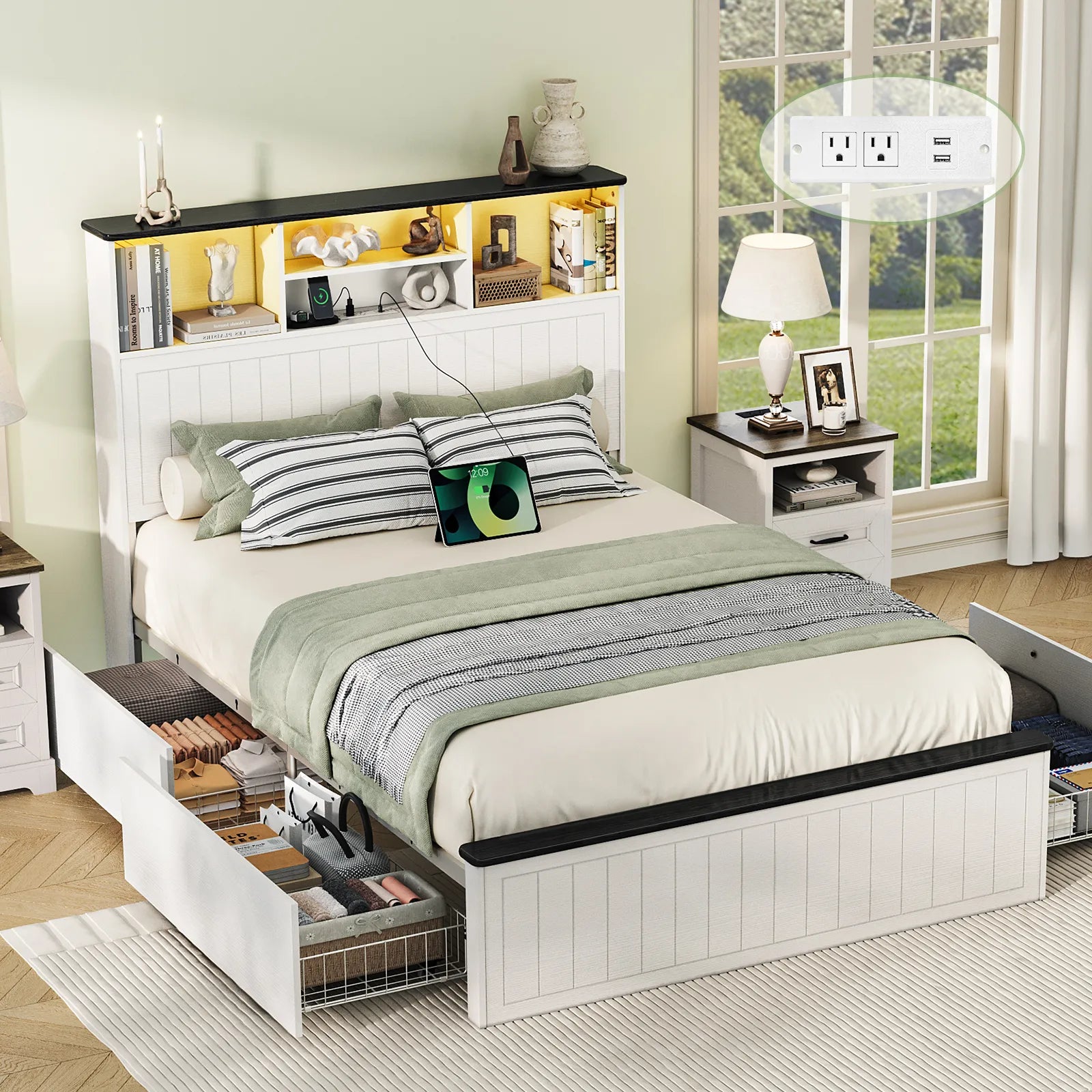 Full Size Bed Frame with Headboard, Farmhouse Wood Full Bed Frame with 4 Storage Drawers, Platform Beds with Charging Station & LED Light