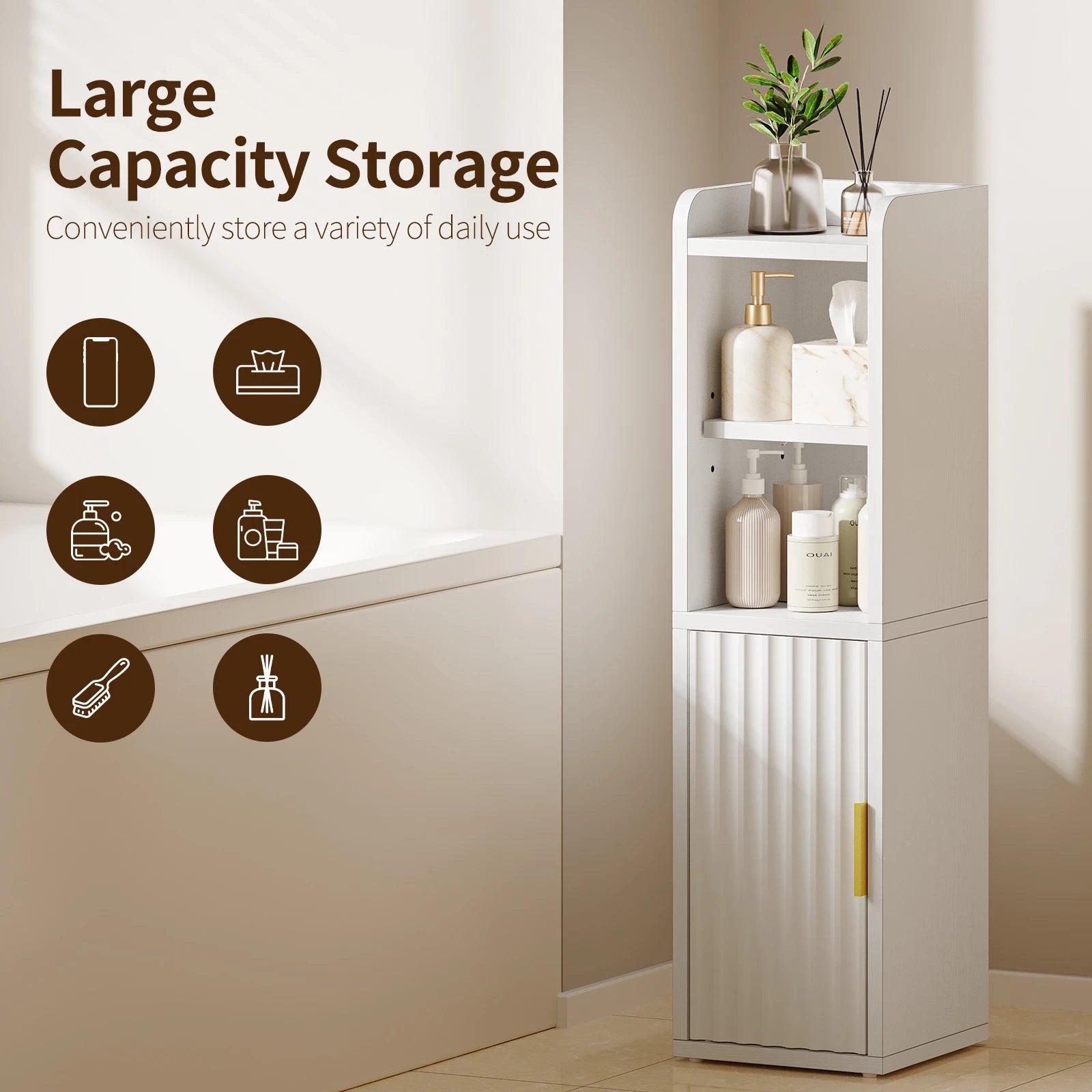 Maliowa Small Bathroom Storage Cabinet, Narrow Bathroom Cabinet with Fluted Door&Adjustable Shelf, Wood Toilet Paper Storage Cabinets for Small Space