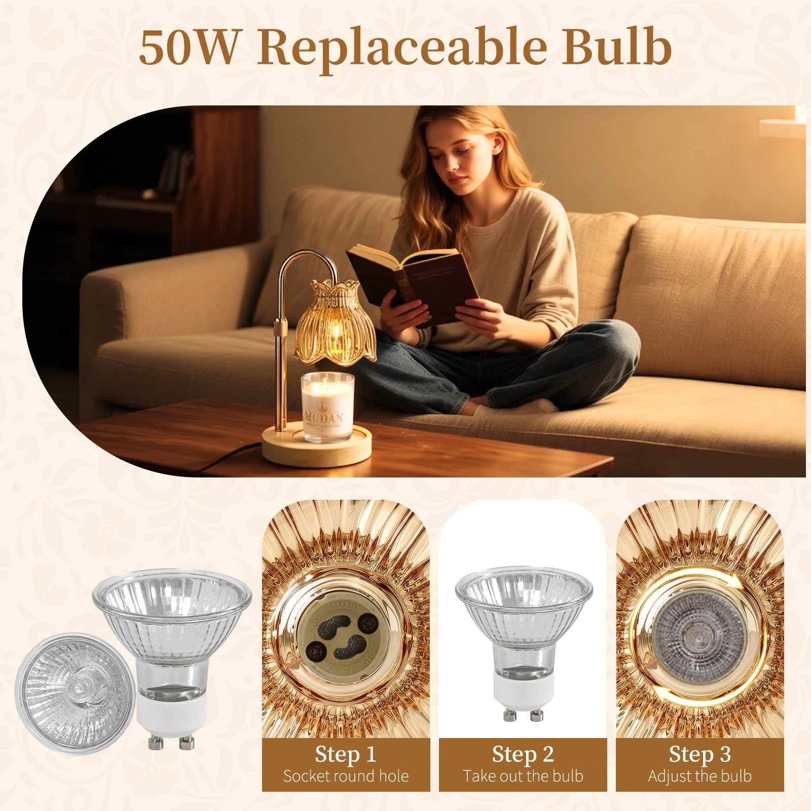Maliowa Candle Warmer Lamp with Timer & Dimmer - Adjustable Height Electric Candle Warmer, Gift for Women, Birthdays & Housewarmings